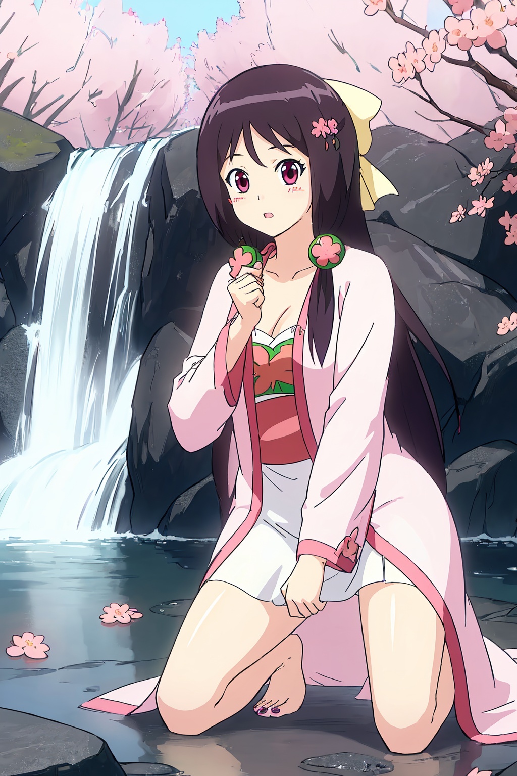 kneeling, (hand_between_legs),  dress, chinese_clothes, long_sleeves, looking_at_viewer, (scenery, waterfall, cherry_blossoms, milfeulle_sakuraba, petals, water, stone),1girl, solo, long_hair, hair ornament, blush, bow, hair_bow, flower, hair_flower, jewelry, earrings, (cleavage),white_legwear,fingernails, nail_polish, makeup, (petite),photo_\(medium\),(8k, RAW photo, best_quality), (masterpiece:1.2),(realistic), (photorealistic:1.3), (ultra-detailed),(extremely_detailed_cg_8k_wallpaper),(crystal_texture_skin:1.3), (shiny:1.2),(shiny_skin:1.4),(extremely_delicate_and_beautiful),<lora:syqiangk_加强_心R柔_充气版_C9_5.2:0.8>,