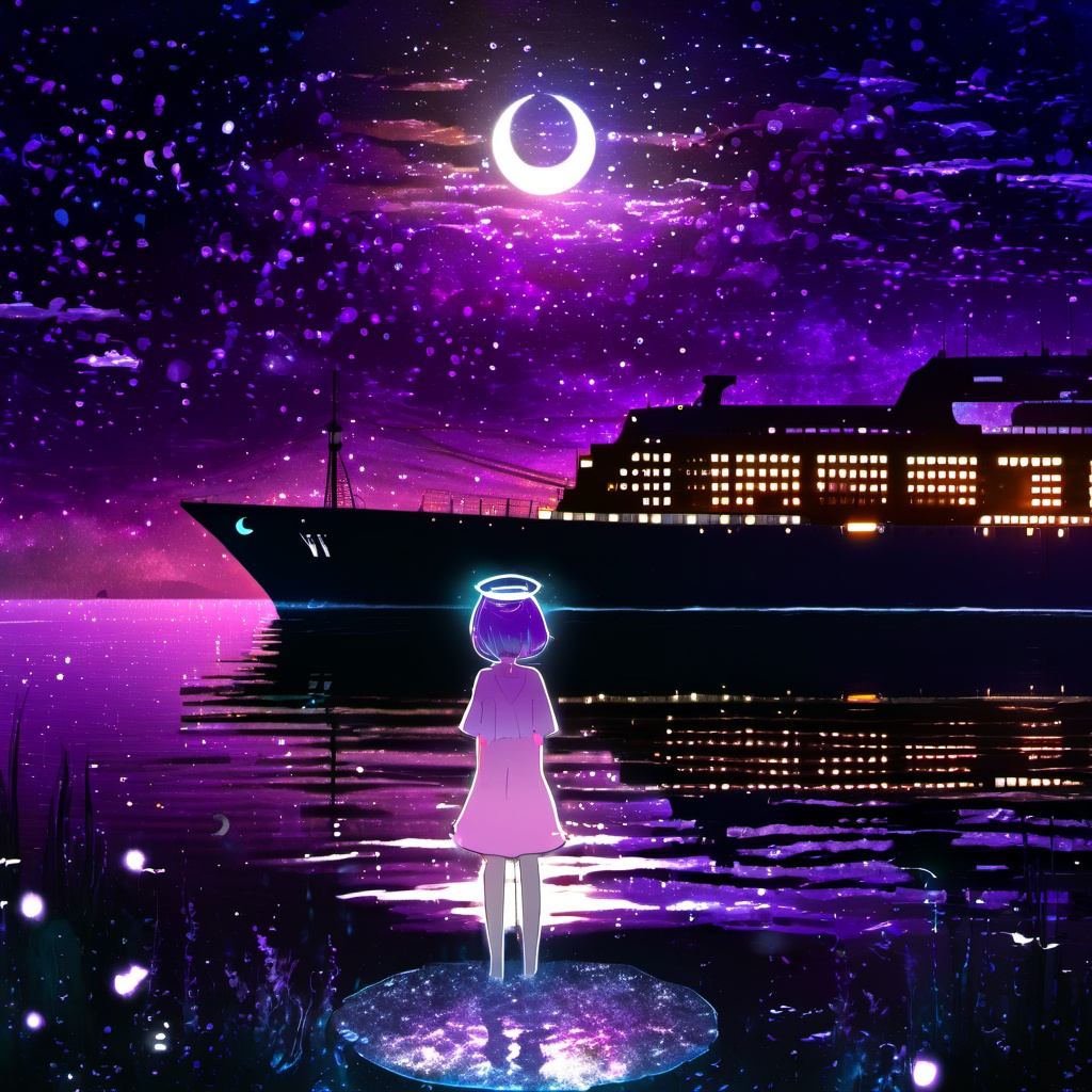 <lora:star_xl_v2:1>,a person standing on a beach next to a large ship at night with a full moon in the sky, 1girl, solo, short hair, dress, standing, outdoors, sky, cloud, water, night, halo, moon, star \(sky\), night sky, scenery, starry sky, crescent moon, building, reflection, city, fantasy, city lights, The image portrays a serene nighttime scene by a body of water. The sky is painted with hues of purple, blue, and a crescent moon. The water reflects the colors of the sky and the lights from the ship. On the left, a silhouette of a girl stands by the water's edge, gazing at the ship. She wears a dress and has a glowing headpiece. The ship, illuminated with lights, appears to be a large vessel with multiple decks. The entire scene is bathed in a magical ambiance, with sparkles and particles floating in the air, adding to the dreamy atmosphere., body of water, ship, girl, headpiece, decks, magical ambiance, sparkles, particles