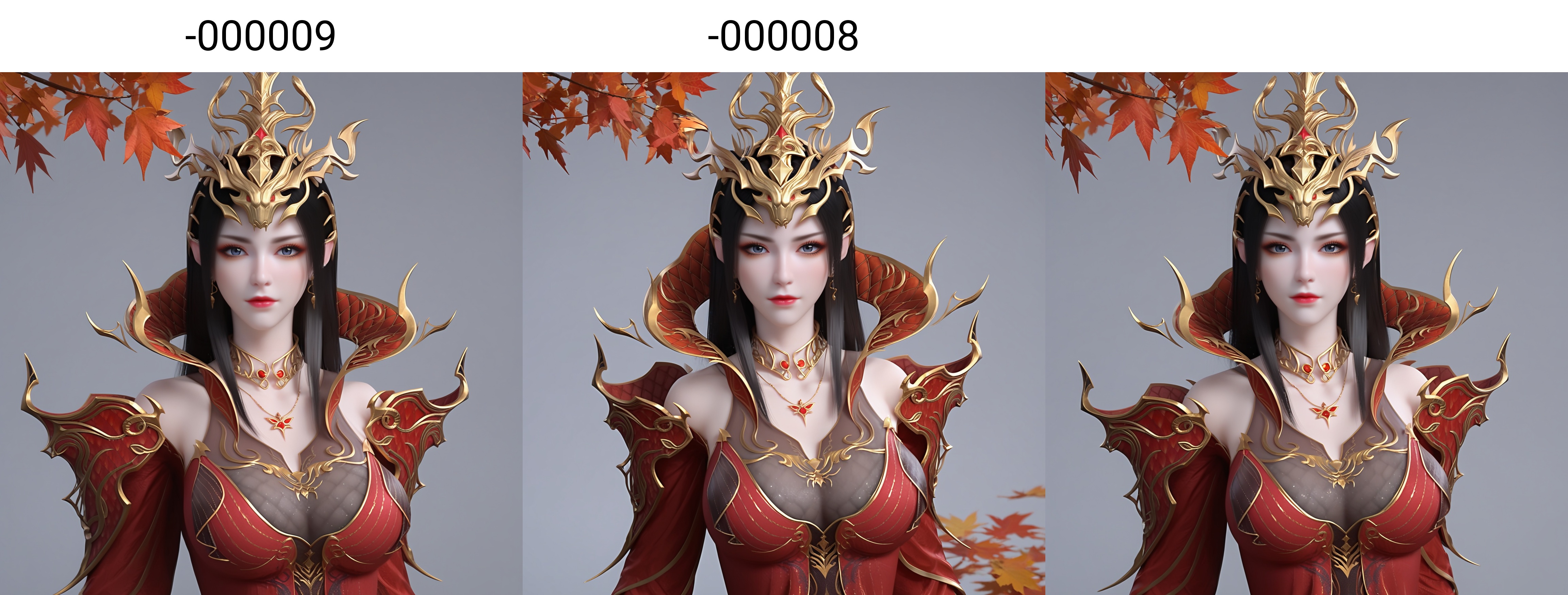 (score_9),cowboy shot, <lora:斗尊美杜莎-apony-000009:0.83>,meidusha,1girl,solo,hair ornament,tiara,long hair,black hair,pointy ears,earrings,(gray-blue eye),cocked eyebrow,collar,popped collar,jewelry,shoulder armor,metal collar,necklace,detached sleeves,long sleeves,see-through sleeves,red dress,(glamor),curvy,mature_female,collarbone,pointy breasts,puffy breasts,(large teardrop breasts),large breasts,(see-through cleavage),BREAKlooking at viewer,BREAK<lora:Expressive_H-000001:0.8>,light blush,Expressiveh,body blush,<lora:e肤色滑块:0.25>,(pale_skin),(light_skin),<lora:皮肤凹痕:1.2>,<lora:RealisticSkinv1_ponyv6_loraplus:0.3>,real skin,ultra-detailed skin texture,detailed textures,BREAK<lora:e色温:0.35>,simple background,grey background,twig,autumn leaves,branch,falling leaves,Tyndall effect,available light,depth of field,lens_flare,