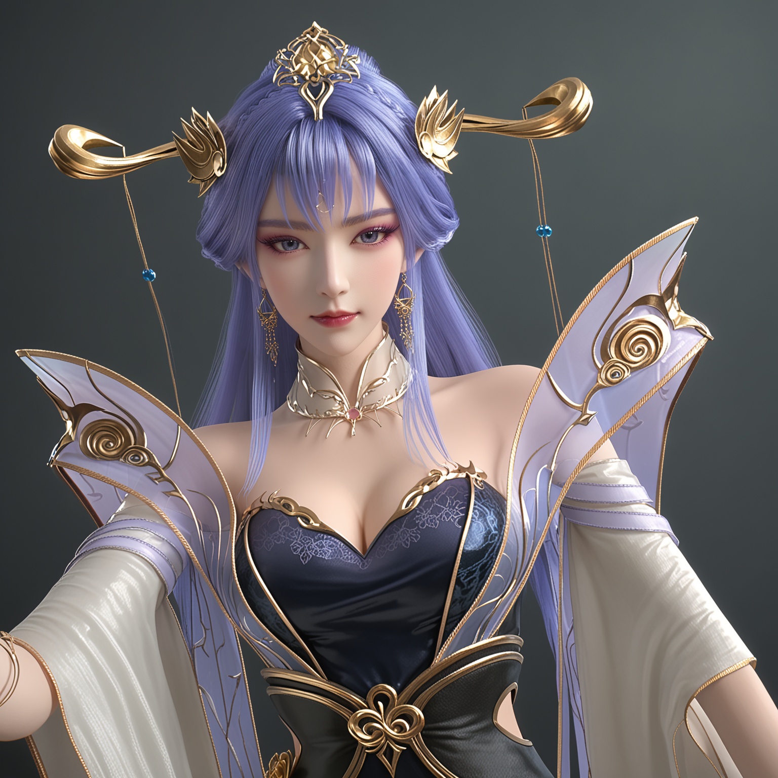 perfect_anatomy,(score_9:1.1),(looking_at_viewer:1.1),(upper_body:1.1),<lora:YQ_pony_tianqiong_V7:0.8>,(boots:1.2),1girl,solo,long hair,jewelry,hair ornament,earrings,dress,blue hair,purple hair,realistic,blue eyes,bare shoulders,bracelet,purple eyes,blue dress,makeup,necklace,cleavage,detached collar,chinese clothes,black dress,shawl,braid,detached sleeves,eyeshadow,hagoromo,hair stick,hair bun,hair rings,forehead mark,facial mark,crescent,sash,perfect_anatomy BREAK (perfect_anatomy:1.1),(simple background,pure black background,black background:1.1),fair_skin,white_skin,shiny_skin,pale skin,Ivory_skin,(cinematic lighting),