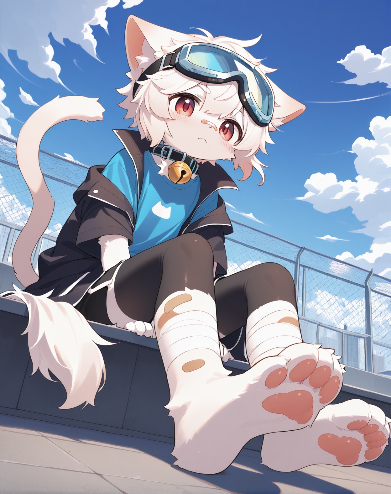 furry,cat boy,1boy,solo,male_focus,(white_hair:0.8),red eyes,(floppy_ears,lop_cat_ears),[bell on collar,Collar,Cortical collar,Large collar],(blue t-shirt,black_leggings under shorts,black bike_shorts),(barefoot) BREAK dutch angle,vanishing point,sitting on rooftop,(blue sky,cloud,wind),(masterpiece, best quality:1.1),foot focus,goggles on head,bandage on nose,bandage on leg,Tail decoration,cat tail,Open coat,bare,body fur,anthro,