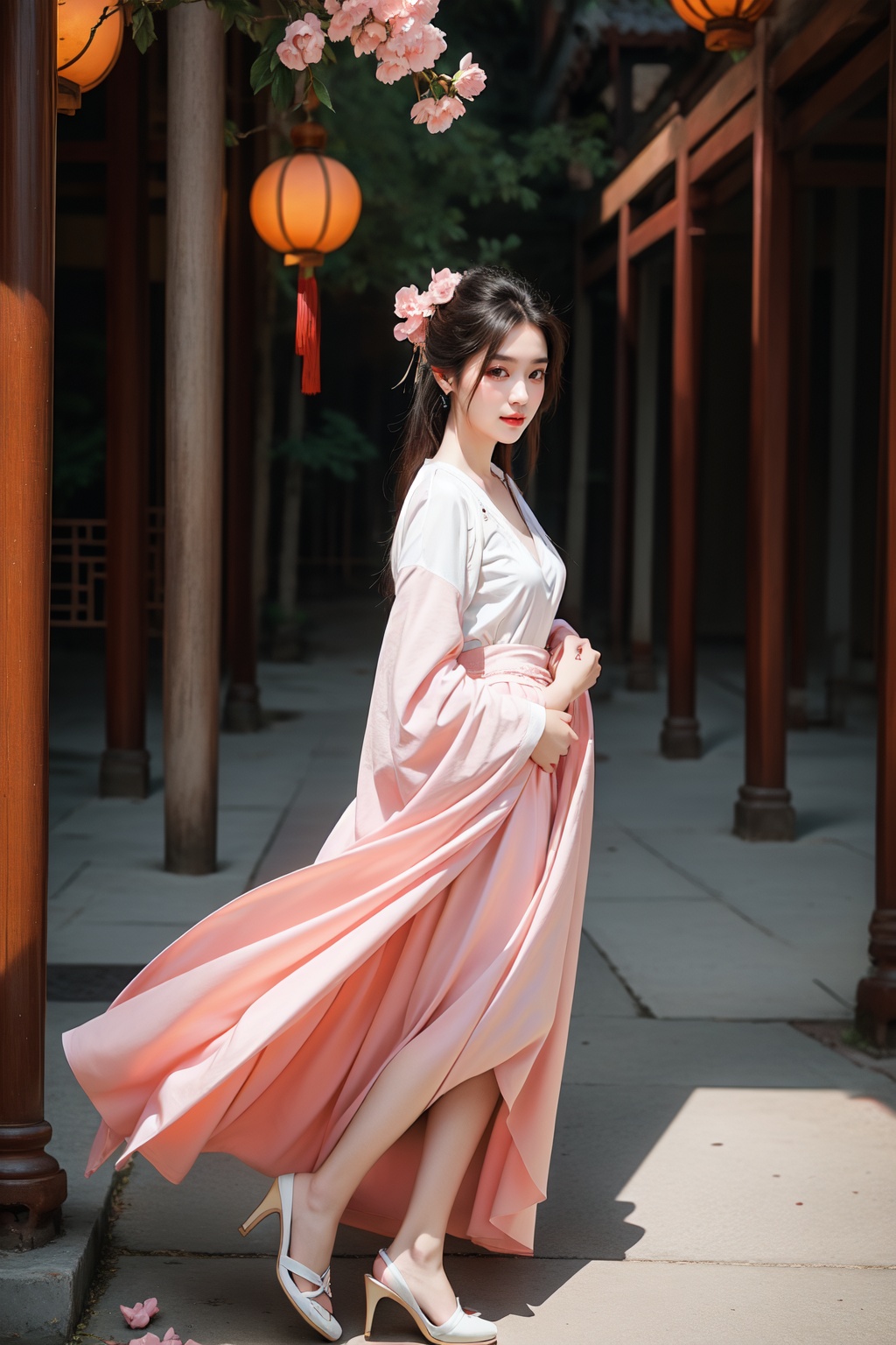 <lora:DT JL_20231017225505-000003:0.3>,ancient chinese courtyards,peach blossom,pink long skirt,illustrate dynamic hair,on_side,against,