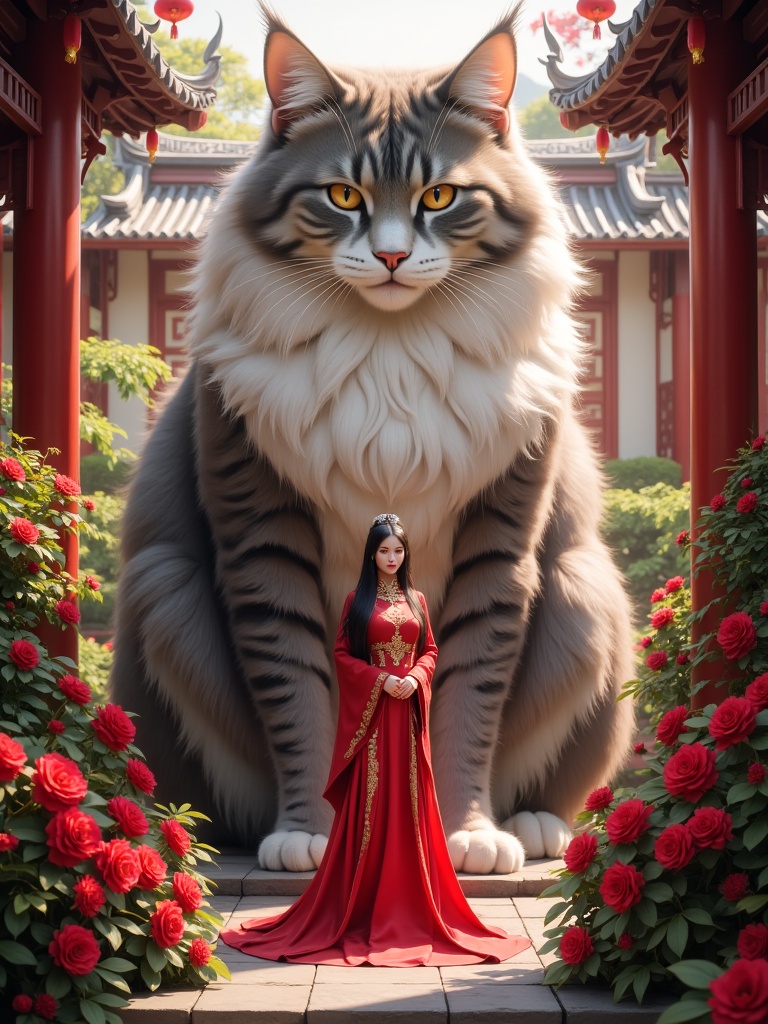 miluo_dmxz, This is a highly detailed digital artwork with a fantastical, romantic theme. The scene features a giant, majestic cat with a thick, fluffy coat of grey and white fur, standing on a stone pathway. The cat's piercing yellow eyes gaze forward with a calm, almost regal expression. In front of the cat, a petite woman with long, flowing black hair stands. She is dressed in an elegant, floor-length red gown with intricate golden embroidery and a high collar. Her serene, composed expression suggests a deep connection with the natural and mystical elements around her.The background is lush with vibrant red roses and green foliage, creating a rich, romantic atmosphere. The setting appears to be a traditional Asian garden, with wooden structures and ornate details that suggest a cultural and historical context. The light in the scene is soft and diffused, likely indicating either early morning or late afternoon, adding to the tranquil and dreamlike quality of the artwork.The image is a blend of realism and fantasy, with meticulous attention to texture and color, making the elements appear almost tangible. The composition is balanced, with the giant cat and the woman at the center, flanked by the lush, colorful garden.<lora:miluo丨大猫-flux-v1.4:0.8>
