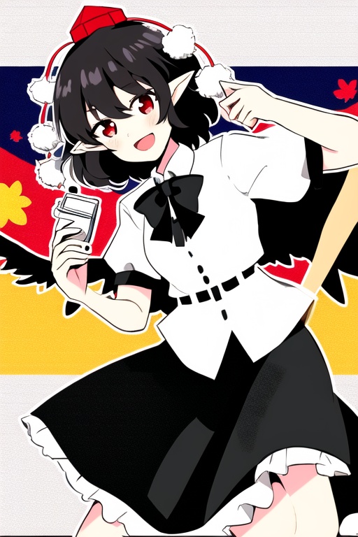 shameimaru aya,1girl,hat,1girl,solo,tokin hat,hat,shirt,skirt,wings,red eyes,black hair,smile,open mouth,black skirt,white shirt,red headwear,pointy ears,frilled skirt,camera,4 pom pom \(clothes\),<lora:aya4-000018:1>,