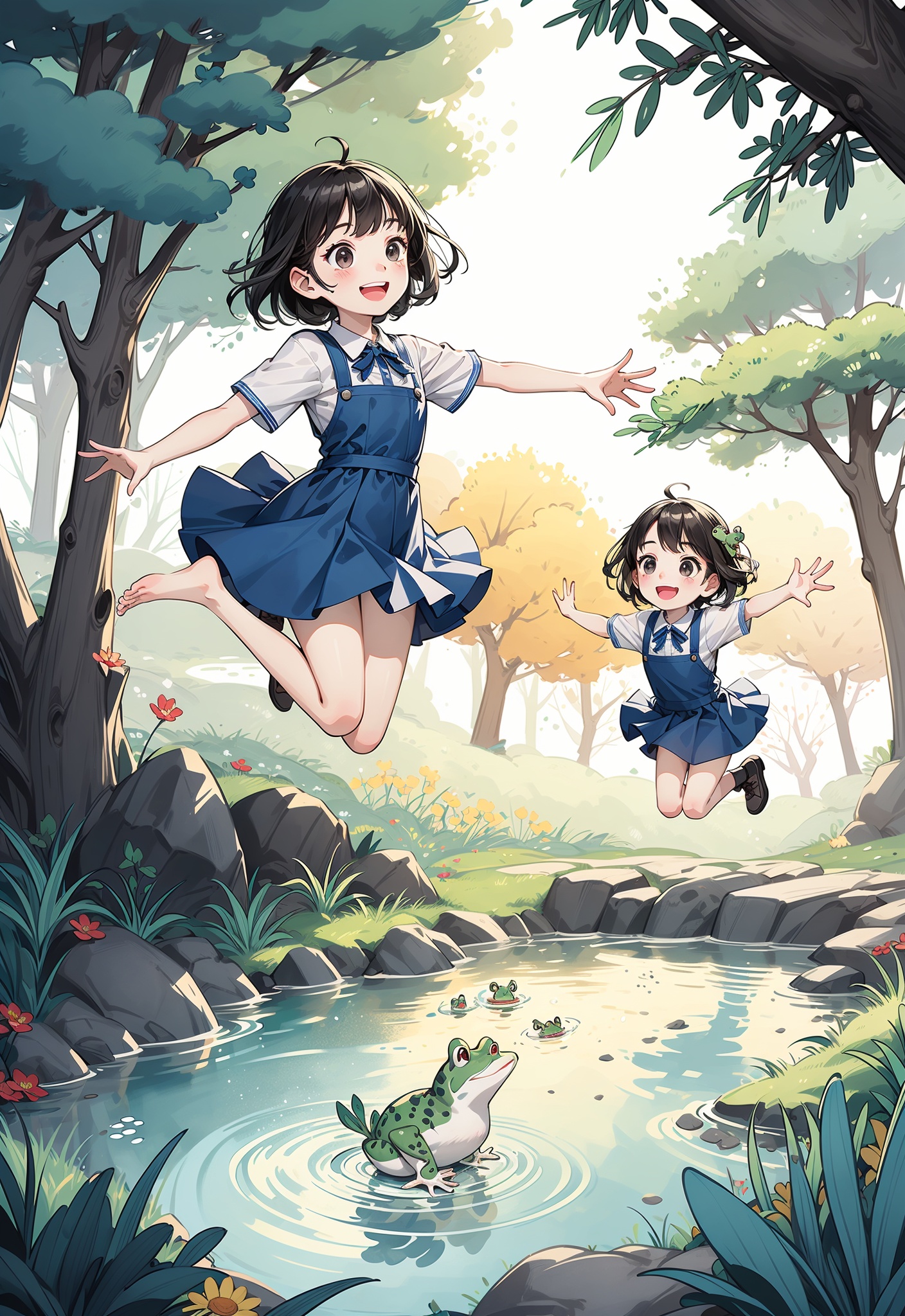 2girl, grass, children playing, jumping into water, joy, nature, pond, sunlight, cheerful, outdoor, trees, frog, smiling faces, camping tent, water splash, foliage