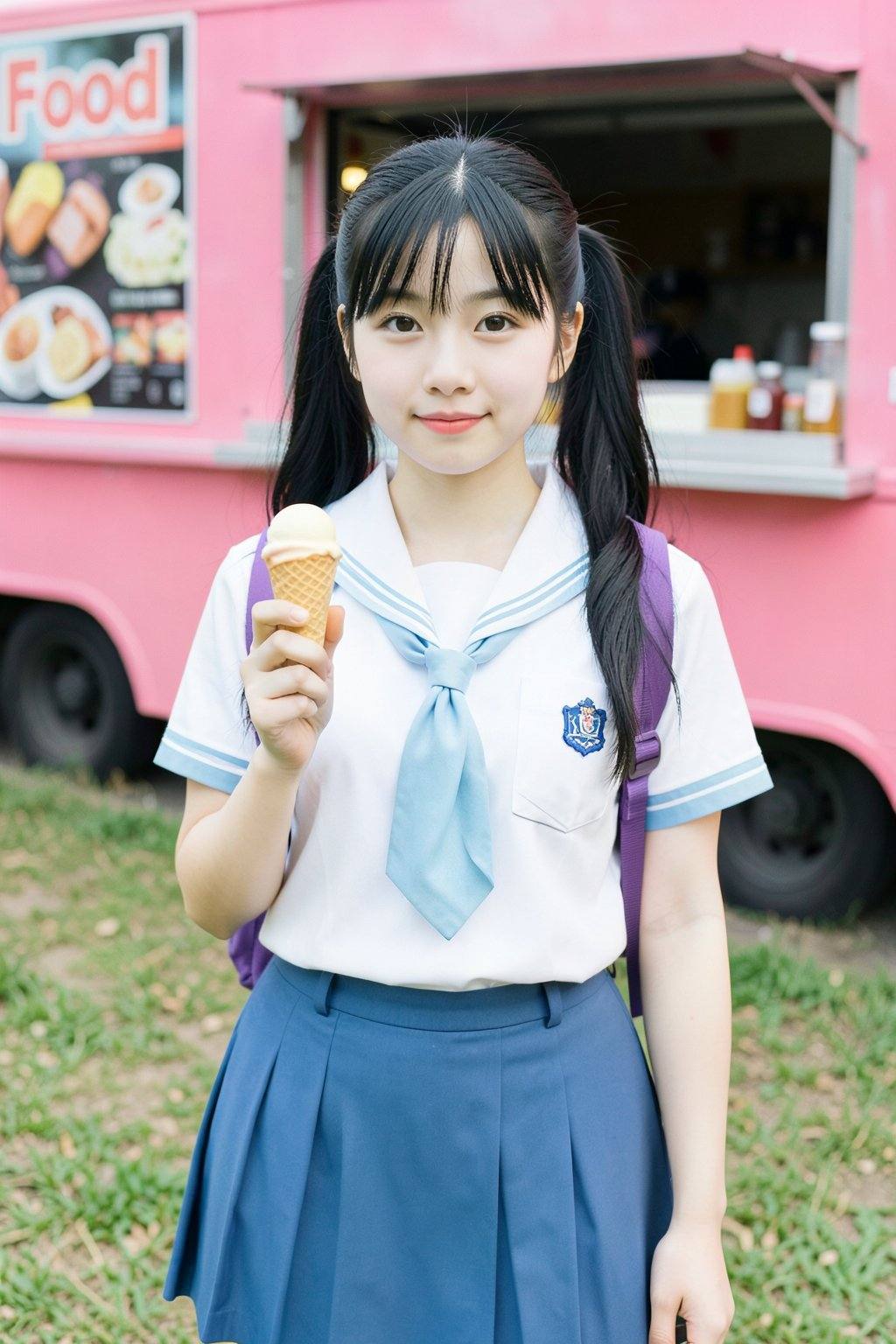 The image depicts a young Asian woman with fair skin and long black hair styled in twin ponytails. She has a round face wi...