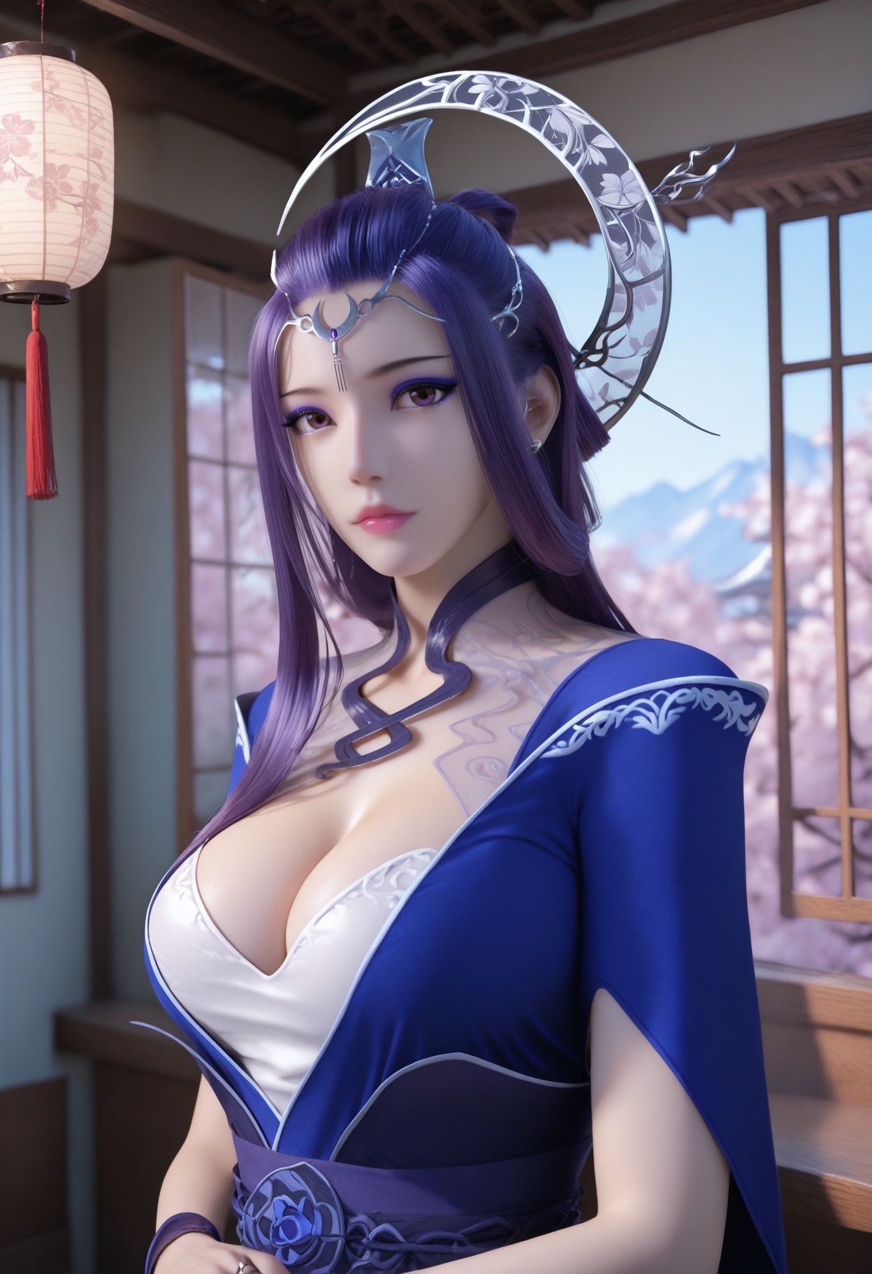 Yue_ji,1girl,purple hair,long hair,looking at viewer,circlet,cleavage,ring,large breasts,makeup,bracelet,jewelry,bare legs,anklet,earrings,blue dress,cape,chinese clothes,backless outfit,cleavage cutout,photorealistic,hyperrealistic,<lora:realistic filter [IL]:1>,looking at viewer,<lora:Yue_ji_10_illu-000004:0.75>standing,(upper body:1.2),lantern,open window,looking at viewer,indoors,mountains,blossoms,flowers,east asian architecture,beautiful sunrise,warm ambient temperature,