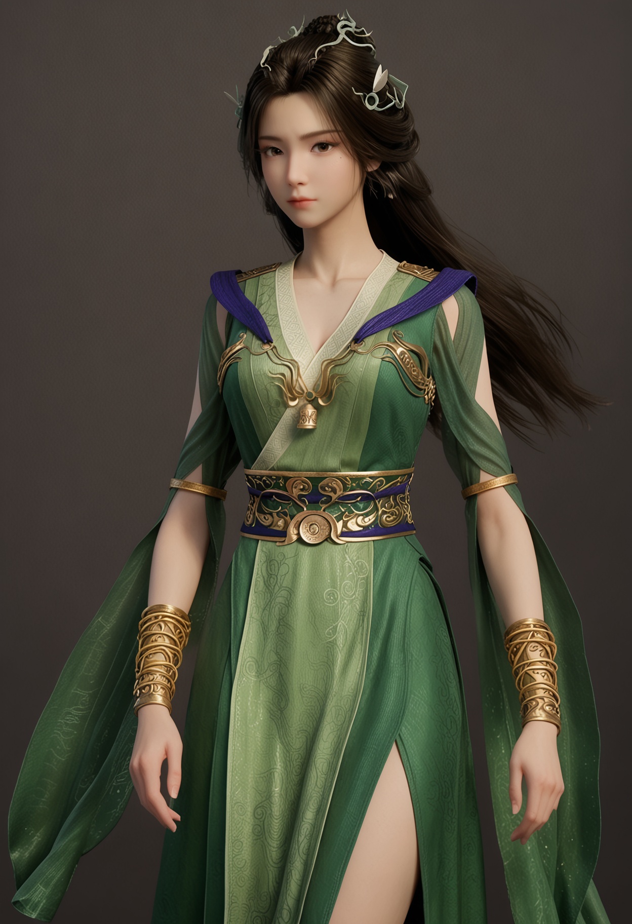 score_9,looking_at_viewer,(large breasts:0.8),hanyunzhi,1girl,solo,black hair,long hair,hair ornament,green dress,realistic,dress,closed mouth,jewelry,bracelet,chinese clothes,sash,brown eyes,hair bun,(simple background,pure black background,black background:1.1),perfect_anatomy,<lora:QQSponyhanyunzhiV1:0.8>,