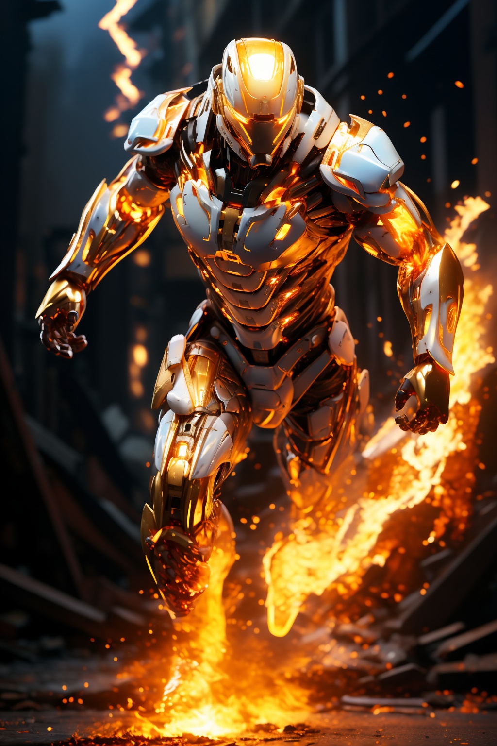 hjyfirerobot,(flame:1.5),fog,(flashing lightning:1.1),(wind),chaos flame around mecha,(spark:1.2),(rush out from flame and flashing:1.3),blue light glowing eyes,sleek mecha,sleek helmet,hjytransprobot2,Science Fiction Transparent Helmet,Transparent mecha,Semitransparent plastic material,(glowing gold robot:1.2),masterpiece,best quality,(highly detailed),cyborg,(full body:1.2),wide angle,(ruins  background:1.2),run,<lora:hjyfirerobot2--000010:1>,power armor,<lora:hjytransprobot2-000015:0.3>,