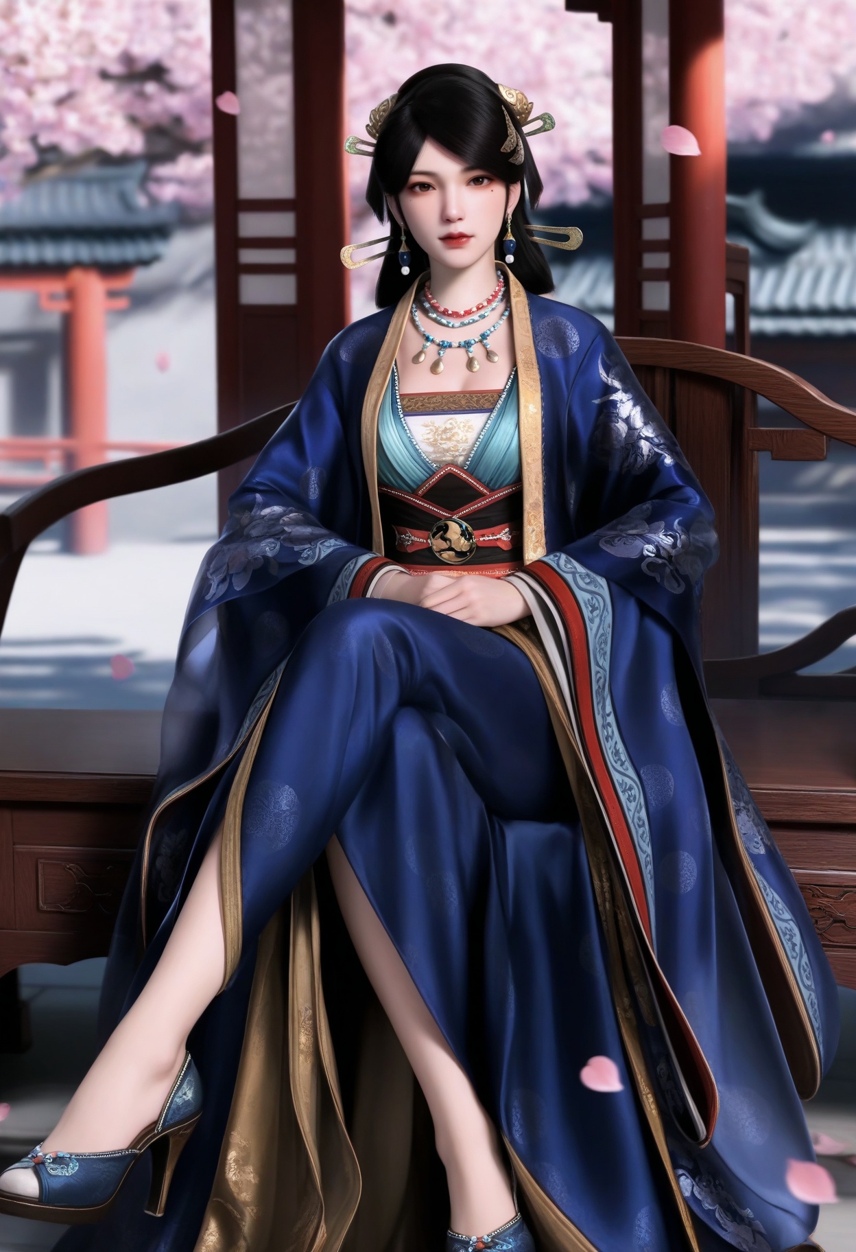 masterpiece,best quality,amazing quality,very aesthetic,high resolution,ultra-detailed,absurdres,scenery,photorealistic,(looking at viewer:1.1),(moody lighting:1.1),peach blossom,falling petals,(large breasts:0.8),wenluoyu,1girl,solo,black hair,long hair,hair ornament,jewelry,earrings,chinese clothes,necklace,realistic,brown eyes,lips,mole under eye,hanfu,long sleeves,closed mouth,wide sleeves,red lips,pearl necklace,sitting,high heels BREAK photorealistic details,<lora:QQSillwenluoyuV1:0.8>,