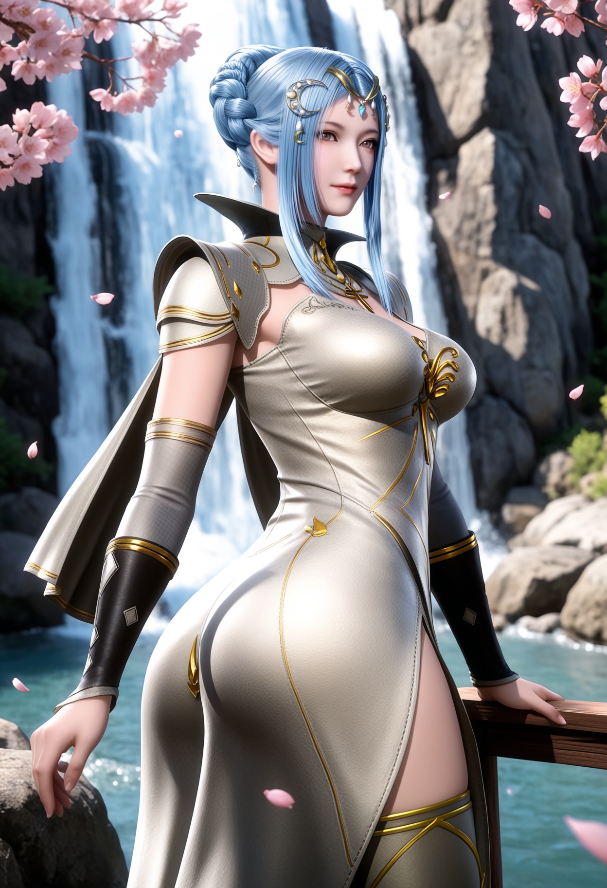 masterpiece,best quality,amazing quality,high resolution,ultra-detailed,absurdres,(looking at viewer:1.1),(moody lighting:1.1),waterfall,peach blossom,falling petals BREAK large breasts,huge ass,narrow waist,wide hips,tangyuehua,1girl,solo,light blue hair,hair ornament,hair bun,dress,sidelocks,braid,elbow gloves,realistic,brown eyes,high collar,necklace,detached sleeves,golden cross decoration,jewelry,armor,long hair,cape,thighhighs,thigh boots,from behind BREAK photorealistic details,<lora:QQSilltangyuehuaV1:0.8>,