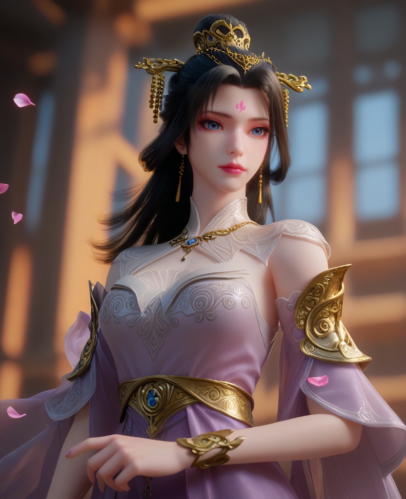 (oriental architecture, elegant decor, sophisticated style:1.1),(jojo pose:1.1),(breasts:1.2),<lora:XL16克金玩家梅妃:0.95>,miss meifei,purple high slit corset dress,blue eyes,facial mark,black hair,draped looped buns with long cascading hair,hair ornament,jewelry,see-through capelet,bracelet,petals,, score_9,score_8_up,score_7_up,score_6_up,score_5_up,score_4_up,3d rendering,tag1,tag2, Cinematic Lighting,backlighting,, zPDXL3, zPDXL2,zPDXL, zPDXLxxx, zPDXLrl,