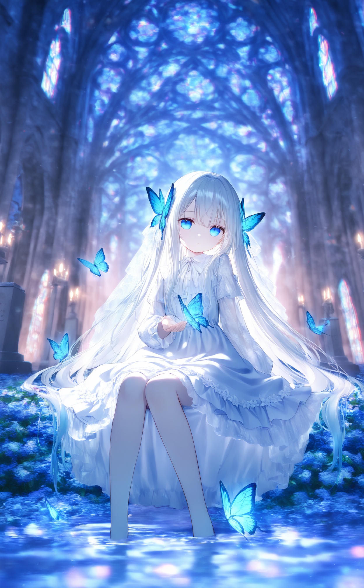 masterpiece,best quality,high quality,loli,chromatic_aberration,Blue Theme,//,(colorful),petite,loli,This is a masterpiece that exudes exceptional quality. The illustration is ultra-detailed,utilizing HDR technology to create a sense of depth. The subject matter is an original,delicate,and beautiful artwork,vibrant with color and filled with fantastical elements. The girl is sitting by a deep sea,surrounded by flowing water,with a dull blue World Tree in the background,situated in a cemetery. The serene and dreamy atmosphere gives the entire scene a soulful and enchanting quality. Her pale complexion,azure blue eyes that glow,and silver hair adorned with flowers create a captivating portrait. She wears a Lolita-inspired fashion,expressionless with her mouth closed. The backgrounds range from white,transparent,circular options,and there are also flying translucent blue butterflies that add a sense of liveliness to the piece,//,year_2023,year_2024,//,official art,depth of field,detailed light,blurry background,cinematic lighting,ray tracing,ultra detailed,god rays,backlighting,photo background,film grain,chromatic aberration,volumetric lighting,depth of field,blurry background,cinematic lighting,day,very aesthetic,
