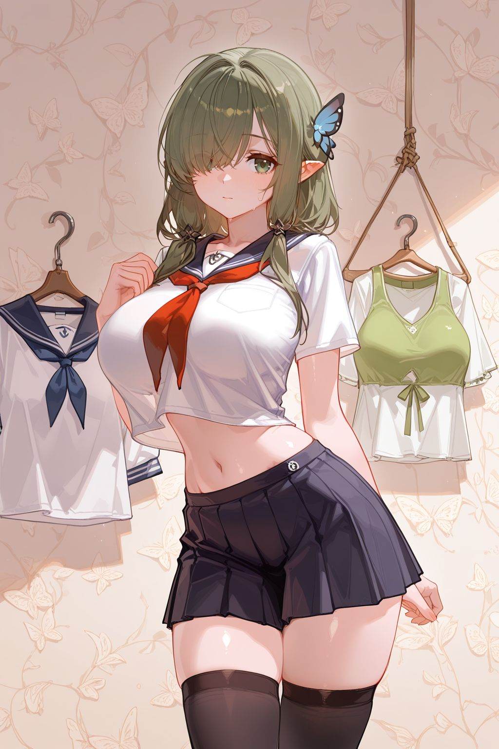 highres,sensitive,masterpiece,best quality,amazing quality,very aesthetic,absurdres,best quality,amazing quality,very aesthetic,absurdres,shiny skin,detail eyes,wallpaper,shiny skin,chosen_style_1,artist:ciloranko BREAKcurvy,(narrow waist:1.1),De Zeven Provincien \(azur lane\),pointy ears,green eyes,hair over one eye,large breasts,green hair,butterfly hair ornament,disheveled hair,hair over shoulder,student,JK,school uniform,sailor dress,sailor collar,pleated skirt,black thighhighs,navel,hanging shirt,<lora:De Zeven Provincien (azur lane):0.5>,<lora:chosen_style_1:0.5>,