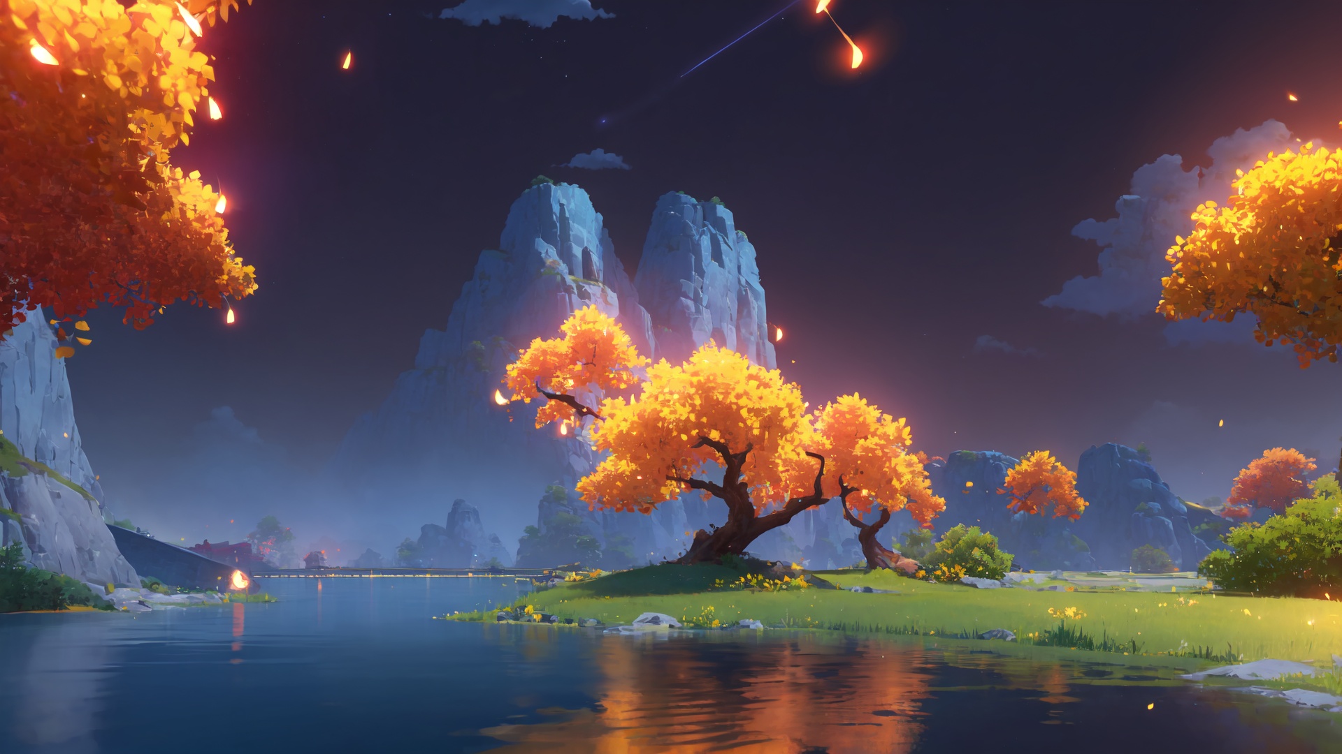 extremely detailed CG unity 8k wallpaper,masterpiece,best quality,ultra-detailed,best shadow,High contrast,best illumination,an extremely delicate and beautiful,dynamic angle,cityscape horizon,mountainous horizon,depth of field,in summer,(night:1.2),(fireflies:1.3),hyper_galaxy,shooting star,cloud,floating,tree,water,beautiful and delicate water,reflection,<lora:liyue-000015:0.9>,