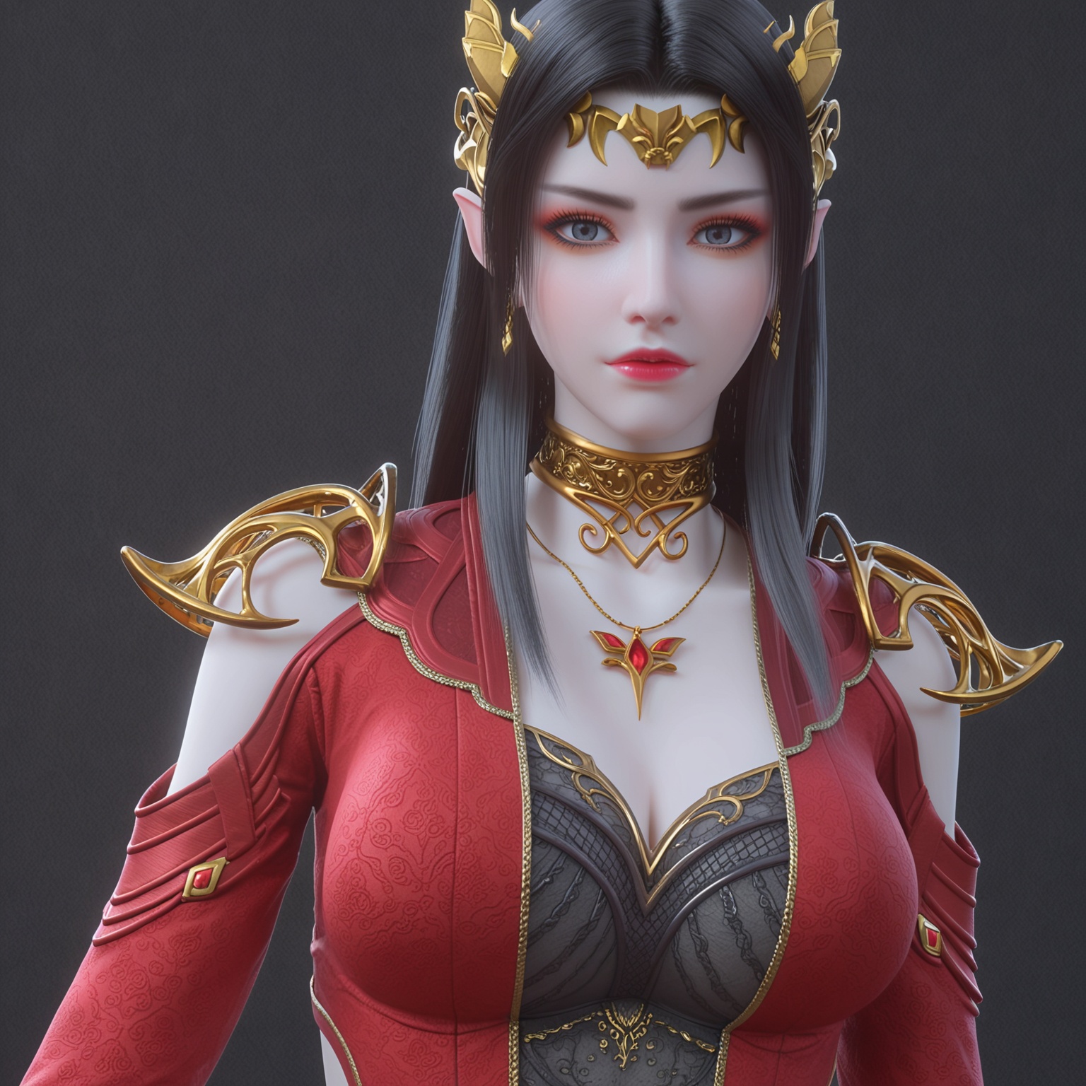 <lora:YQponmeidushaV2:0.8>,q1528437228,solo,1girl,long_hair,black_hair,jewelry,pointy_ears,earrings,necklace,hair_ornament,dress,red_dress,navel,brown_hair,choker,high_heels,realistic,cleavage,colored_skin,tiara,long_sleeves,clothing_cutout,armor,grey_eyes,black_eyes,skirt,side_slit,shoulder_armor,eyeshadow,BREAK score_9,upper_body,portrait,shiny_skin,looking at viewer,cinematic lighting,volumetric lighting,solo focus,(huge breasts:0.9),(simple background,pure black background,black background:1.1),