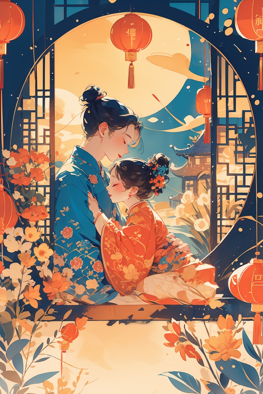 masterpiece,best quality,family,2boy,1girl,1kid,Muscovitum,cloud,window,flower sea,chinese clothes,<lora:tuanyuan_20240304140852:1>,lantern,