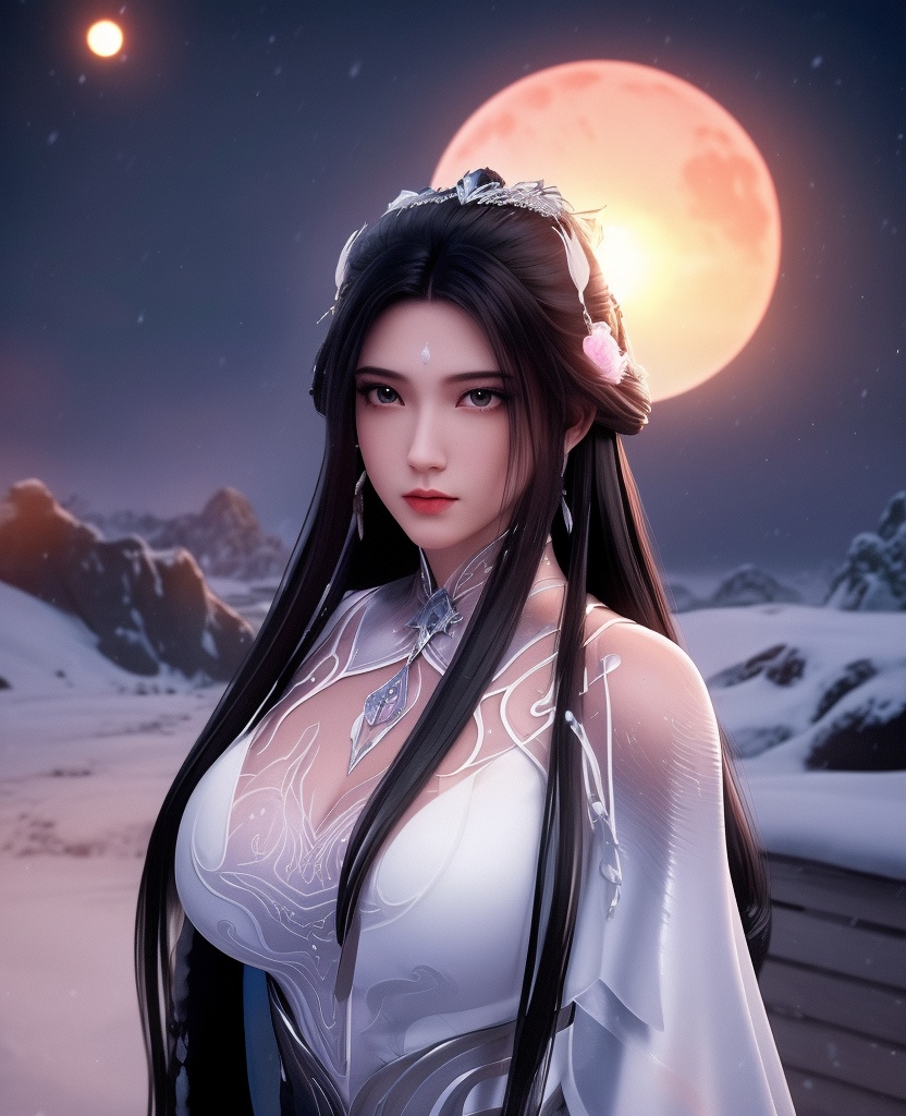<lora:611-DA-诛仙-陆雪琪-V3:0.8>(,1girl, ,best quality, ),looking at viewer,masterpiece, (( , )),, realistic,science fiction,mole, ultra realistic 8k cg, ,      ,outdoors, snow, snowing, snow on head, sun,sunset,sunlight,moonlight,full moon, red moon,  crescent moon,  crescent rose,  black rose,       (cleavage), (),