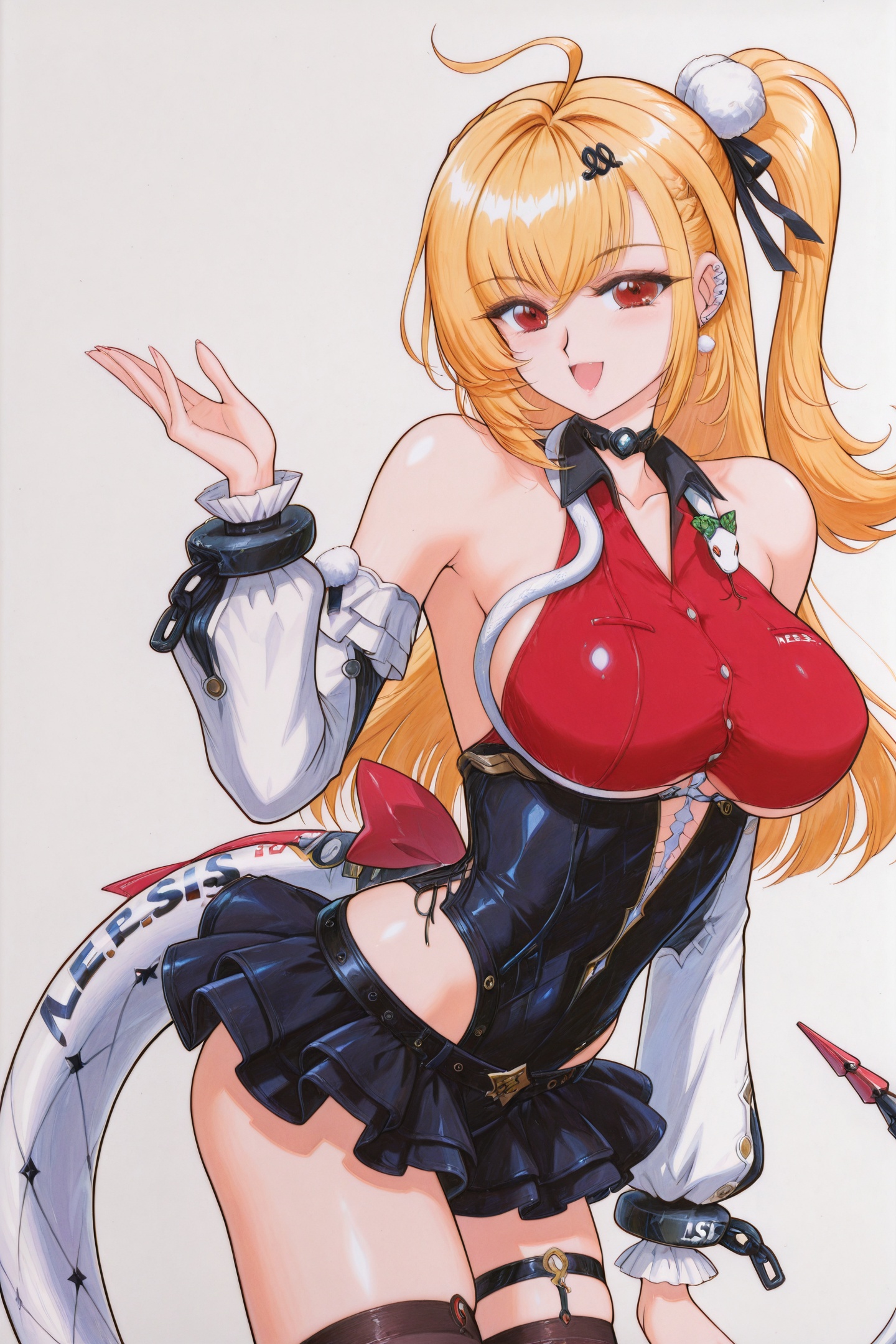 Kuroinu Juu Style,Cissia \(zenless zone zero\),1girl,blonde hair,thighhighs,breasts,solo,large breasts,long hair,red eyes,ahoge,hair ornament,detached sleeves,skirt,looking at viewer,open mouth,smile,black thighhighs,black frilled skirt,thigh strap,bare shoulders,one side up,pom pom hair ornament,green bow snake,snake around neck,mechanical snake tail,hairclip,Cissia's hairclip,pom pom \(clothes\),black and red leotard,upper body,hand up,traditional media,retro artstyle,<lora:Black Dog_v3_illustriousXL:1.5>,<lora:Cissia_illustriousXL:0.8>,