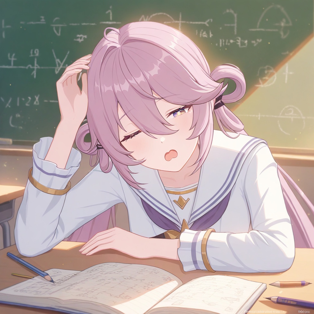 moli,(masterpiece, best quality, highres, 8k),1girl,moli,school classroom,afternoon sunlight through windows,(uniform:1.2) or (sailor school uniform:1.1),sitting at desk,(leaning on hand:1.3) or (head nodding:1.2),half-closed eyes,sleepy expression,(yawning:0.8),messy desk with open notebook and pencil,chalkboard with math equations in background,(heavy eyelids:1.1),drooping shoulders,warm color palette,soft focus effect,(dust particles in sunlight:0.7),peaceful atmosphere,(clock showing 2pm:0.5),