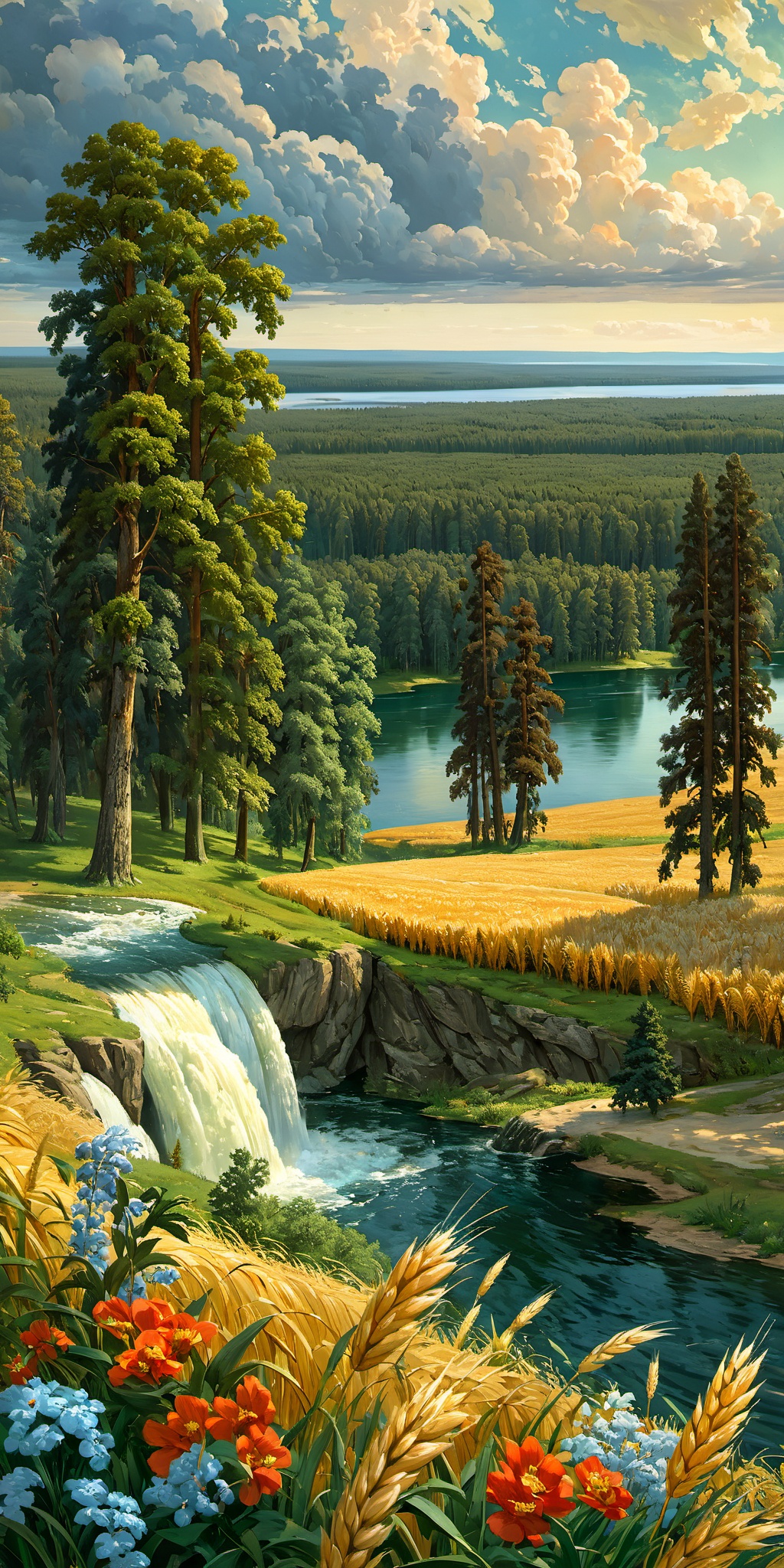 Wheat, fields,ivan Shishkin,nature,trees,forest,water fall,sky,clouds,rock,lake,cloud,scenery,leafs,flowers,mountain at far,
