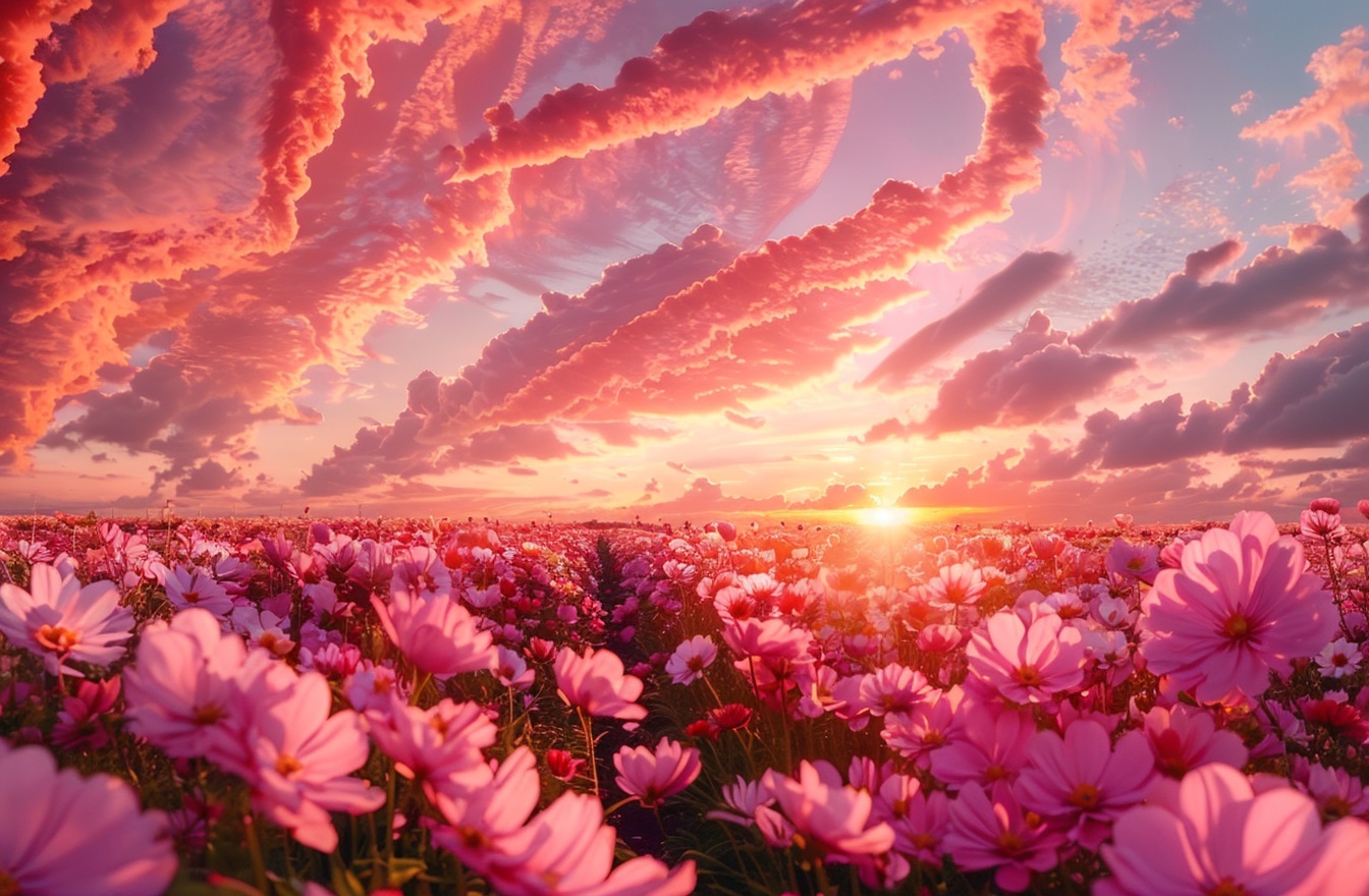 Flower sea,  masterpiece, charming visual effects, dreamy world, depth of field,  still life, Realistic, flower, outdoors, sky, cloud, no humans, ocean, cloudy sky, red flower, scenery, sunset, sun, horizon, field, flower field, red sky