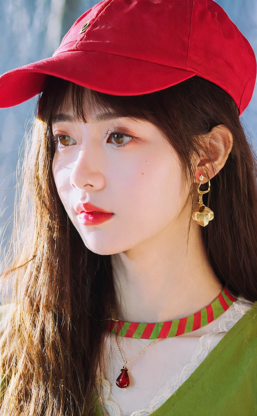 mugglelight, araffe woman wearing a red hat and a green shirt, 1girl, solo, hat, jewelry, earrings, necklace, long hair, brown hair, looking at viewer, red headwear, black hair, brown eyes, portrait