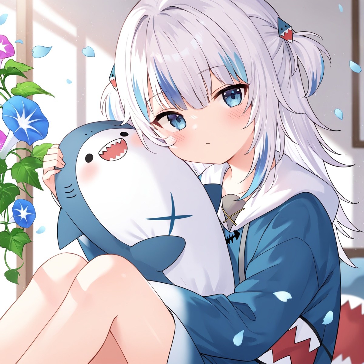 masterpiece, best quality, 1girl, blue hoodie, blush, white hair, collared shirt, depth of field, flower, gawr gura \\(1st costume\\), hair between eyes,  hugging object, indoors, jelen01, long hair, long sleeves, looking at viewer, morning glory, petals, light blue eyes, ribbon, shirt, short hair,  sitting, skirt,  solo, upper body, x hair ornament, flat chest, loli, cute,  ray tracing,  <lora:JeLen02-000002:0.8>