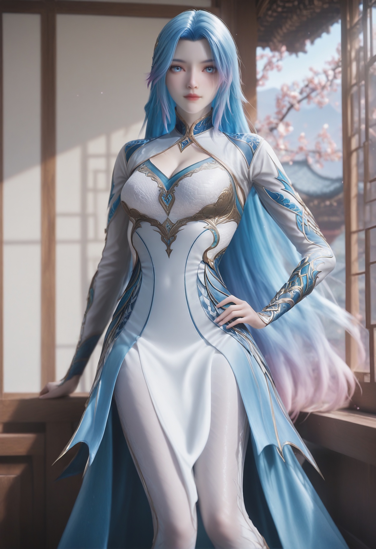 Wang_qiuer,1girl,solo,blue hair,multicolored hair,blue eyes,gradient hair,looking at viewer,very long hair,<lora:Wang_qiuer_10_illu-000006:0.75>,dress,clothing cutout,white dress,cleavage cutout,blue dress,photorealistic,hyperrealistic,<lora:realistic filter [IL]:1>,(pale skin:0.8),looking at viewer,standing,one hand on hip,kneeslantern,open window,looking at viewer,indoors,mountains,blossoms,flowers,east asian architecture,beautiful sunrise,warm ambient temperature,