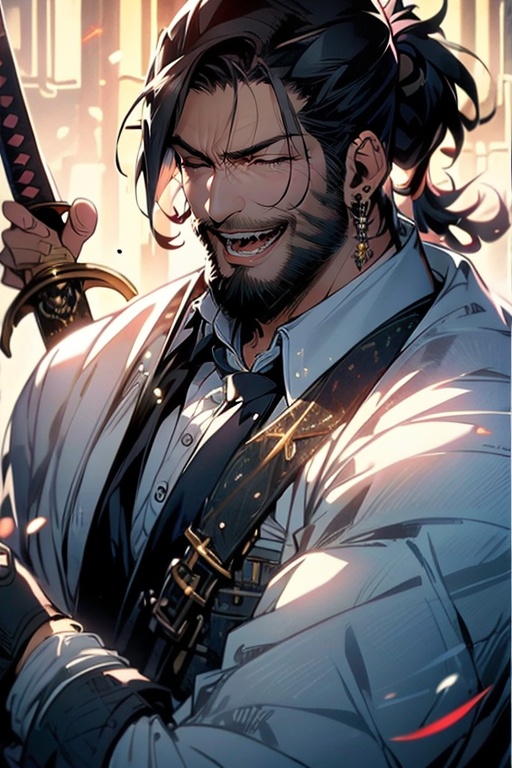 (masterpiece:1.2),best quality,highres,extremely detailed CG,perfect lighting,8k wallpaper,anime,comic,game CG,1boy,male focus,weapon,sword,facial hair,smile,katana,black hair,solo,shirt,holding,jacket,necktie,closed eyes,grin,earrings,holding weapon,jewelry,black necktie,collared shirt,white shirt,beard,holding sword,upper body,sheath,black jacket,ponytail,sheathed,teeth,over shoulder,<lora:FF_20240226194024:1>,