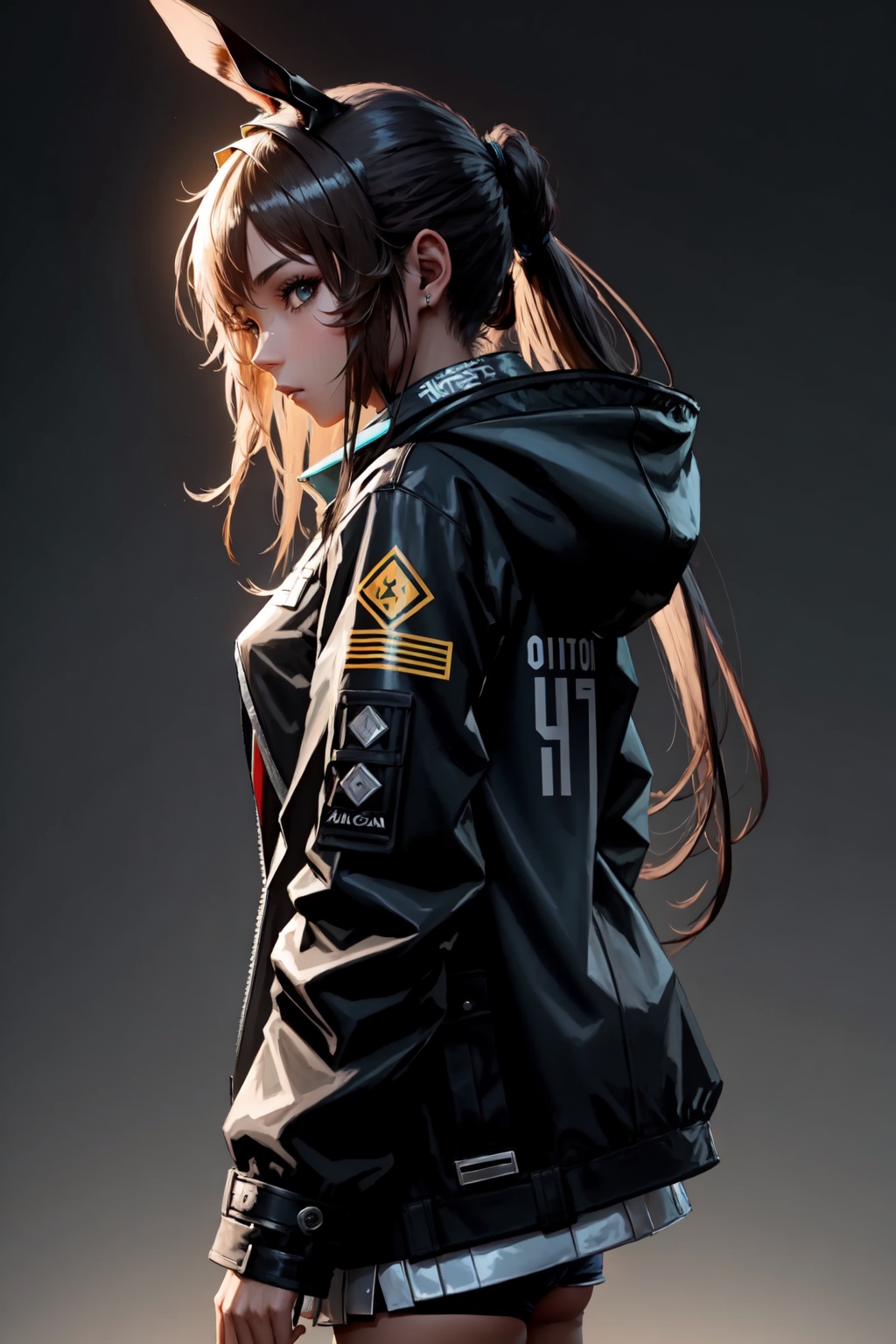 amiya_(arknights),1girl,solo,looking_at_viewer,long_sleeves,black_jacket,open_jacket,sidelocks,ponytail<lora:amiya_(arknights):1>,simple background,white backgroundmasterpiece,best quality, highly detailed, 