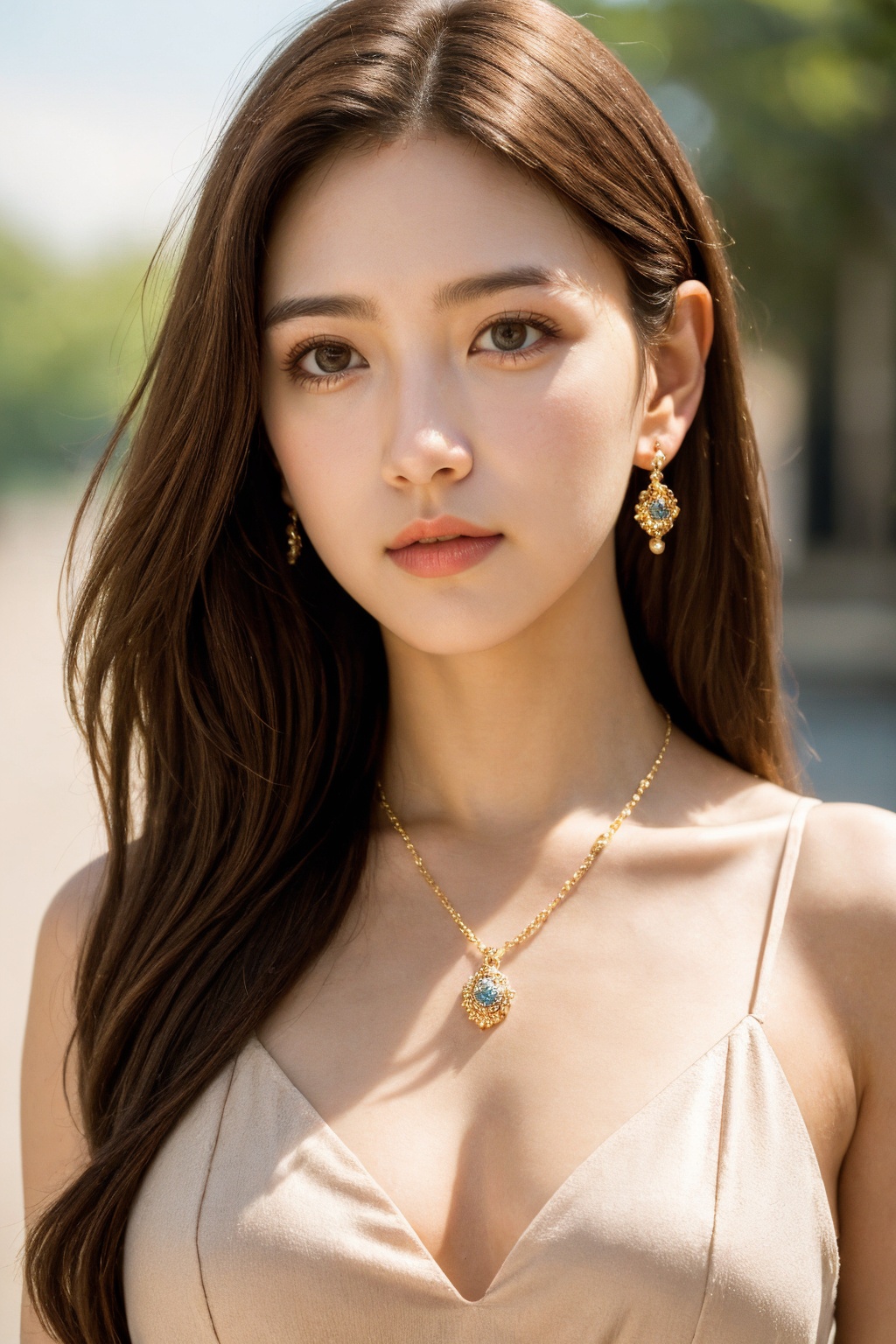 1girl, jewelry, solo, realistic, long hair, brown hair, necklace, looking at viewer, blurry background, earrings, brown eyes, blurry, upper body, dress, lips, photorealistic, breasts, sunlight