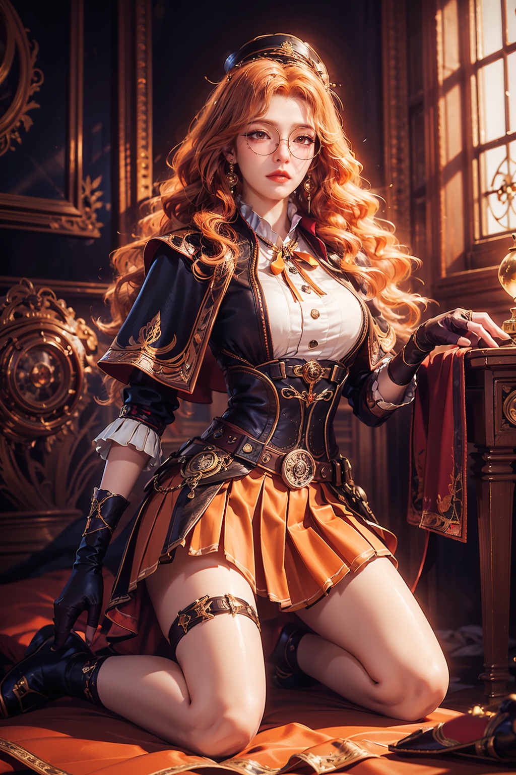 1girl,solo,(wariza:1.5),(hand drooping:1.2),belt,black dress,black footwear,black gloves,black headwear,blonde hair,boots,bowtie,brown eyes,brown hair,brown skirt,capelet,corset,curly hair,dress,earrings,fingerless gloves,gears,glasses,gloves,hat,jewelry,knee boots,lace gloves,long hair,looking at viewer,makeup,orange hair,orange ribbon,orange skirt,pleated dress,pleated skirt,ribbon,round eyewear,shirt,skirt,steampunk,thigh strap,uniform,white shirt,eyewear strap,wavy hair,yellow-framed eyewear,indoors,sofa,bed,windows,curtains,(ultra-detailed, highres, extremely detailed,Exquisiste Craftsmanship,High-Resolution Beauty,Unparalleled Artistic Quality),(Stunning Composition),(Photorealism),(Breathtaking Textures),(Superb Clarity),(Impressive Depth),red lips,(Masterful Brushwork),(Breathtaking,Artistic Precision,Unparalleled Artistic Quality,Immersive Quality),(Immersive Quality),masterpiece,illustration,extremely delicate and beautiful_CG,unity,(8k wallpaper),(colorful),(Photorealistic Precision),(Rich Dynamic Range),(Amazing,Incredible Clarity),(official art),(HRD, HUD, 8K),(glossy skin),(colourful),(Rich Textures,Impeccable Detail),(Exquisite Visuals),(Vivid Colors),(Masterful Color Rendering),(Intricate Details),(perfect soft tender delicate white skin:1.2),(bright pupils:1.2),<lora:场景人物颜色过滤1.0_v4-000016:0.5>,<lora:细节制造_V1:0.4>,<lora:NM_手部改变器_1.0:0.3>,<lora:洛雪-斗罗大陆橘子:0.6>,