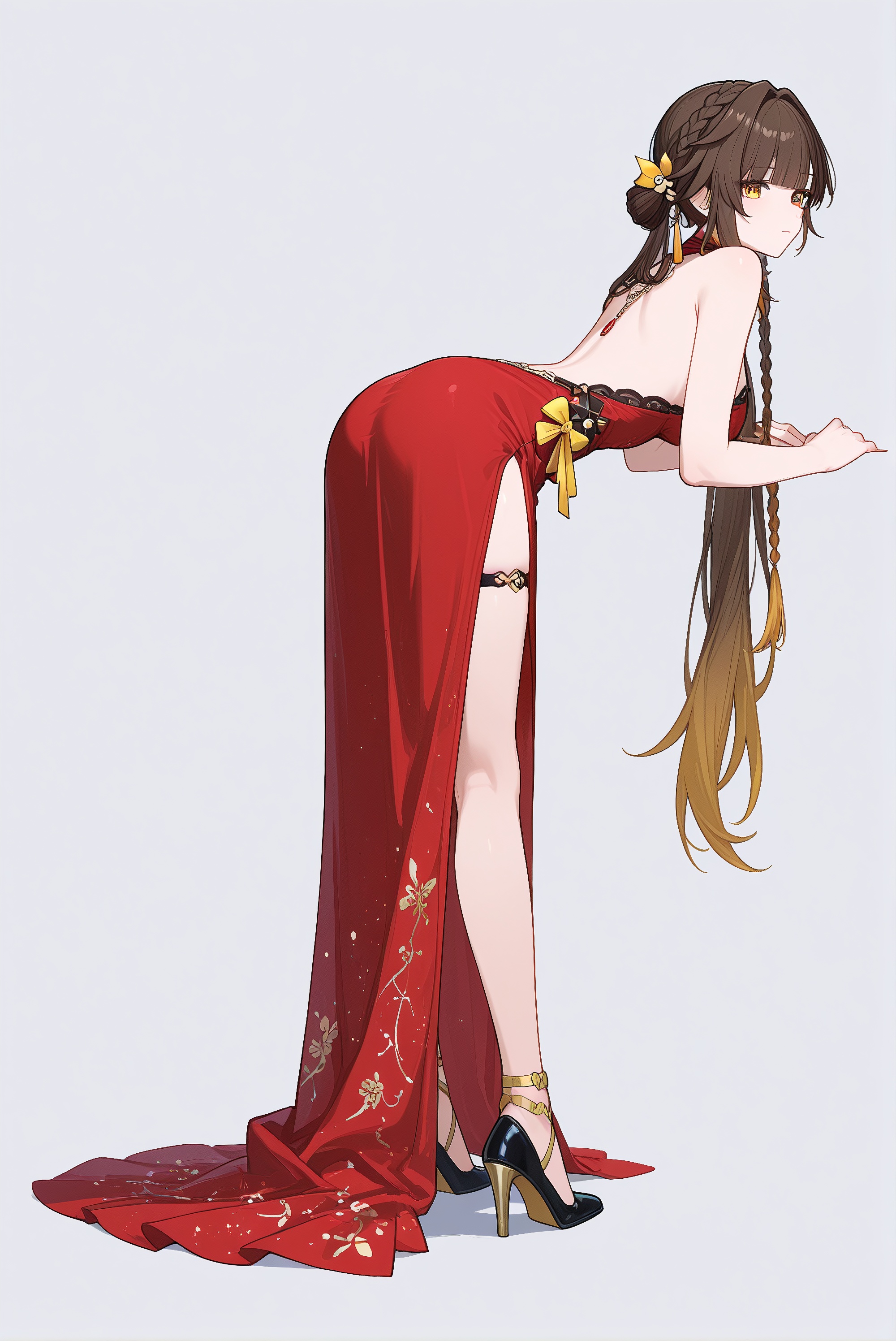 An illustration of Sushang from *Honkai: Star Rail*: She wears a red backless gown with a high side slit and heels, keeping her signature braid and yellow bow. Leaning forward, she showcases graceful curves, reimagining the valiant swordsman as a sexy vision.