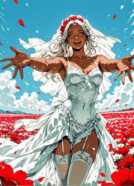 very awa, masterpiece, best quality, absurdres, newest, perfect quality, detailed background, intricate details dark-skinned female, *****, exotic, 1girl, dark-skinned female, long hair, white hair, sideburn, blue eyes, earrings, looking at viewer, bride, wedding dress, bridal veil, white dress, hair flower, white flower, field, flower, flower field, falling petals, petals, red flower, spread arms, outstretched arms, dutch angle, foreshortening, looking ahead, garter straps, white thighhighs, blue sky, smile, open mouth <lora:Purple_Sketchbook:0.49> <lora:LORA-64-dmd2:1>