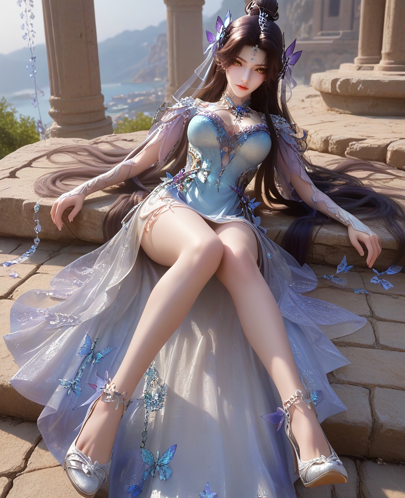 (oriental architecture, elegant decor, sophisticated style:1.1),(Lying with legs turned to one side,:1.1),Point-of-view shot,(large breasts:1.2),shoes,<lora:XL16云深不知梦羲和四象归一:0.95>,miss xihe,blue-violet to white ombre gown,yellow eyes,forehead pendan,black hair,traditional chinese updo with long front strands,absurdly long hair,hair ornament,jewelry,elbow gloves,butterfly embellishments,crystal gown hemline,, score_9,score_8_up,score_7_up,score_6_up,score_5_up,score_4_up,3d rendering,tag1,tag2, Cinematic Lighting,backlighting,
