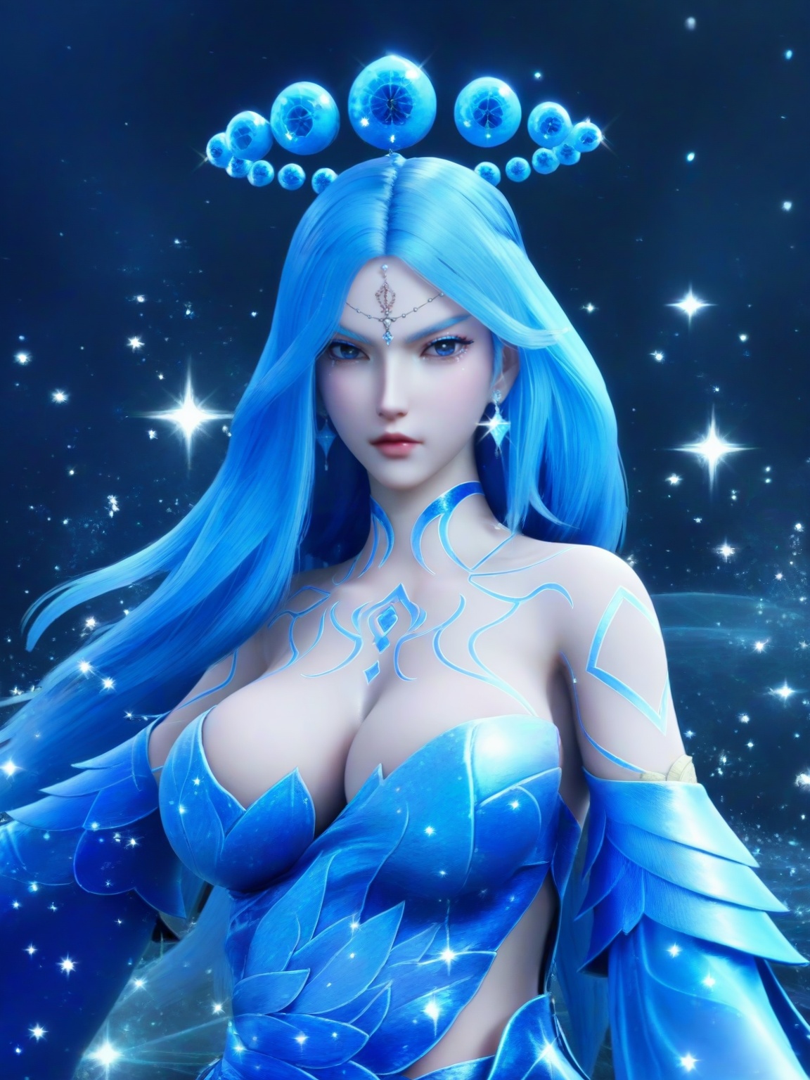 score_9,1girl,solo,dress,long hair,standing,forehead mark,forehead jewel,earrings,hair ornament,blue hair,detached sleeves,large breasts,sparkle,cleavage,standing,upper body,lipstick,looking at viewer,<lora:SF_LiShaoYing_Pony_Realism2.3-000004:0.7>,