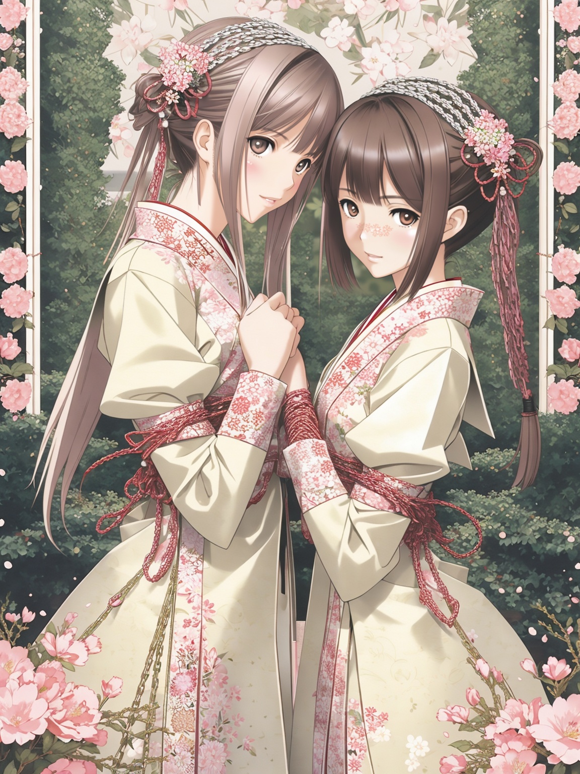 tony style,japanese line art,two school girls in a garden tying each other up with chains and rope,knots,bdsm,floral damask background,