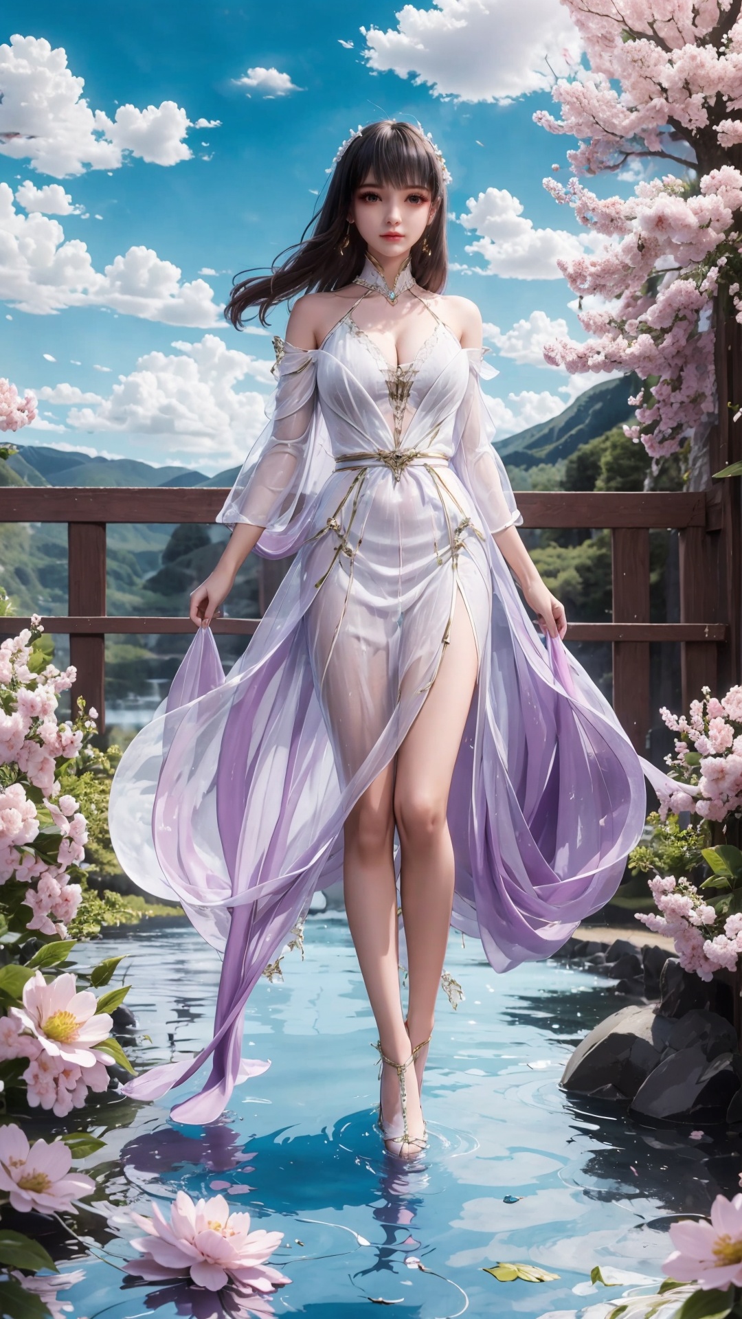 a girl,<lora:hmai_20240411014304:0.8>,appear on camera,blue sky,blue sky,white cloud,full body,red dress,