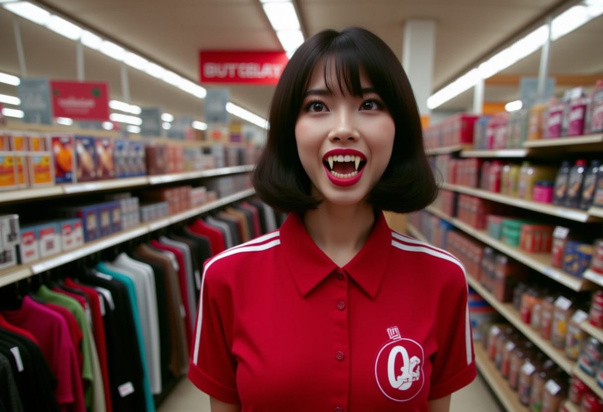 Vampyfangs1. a film still photo. 35mm. 4k. From a 2003 movie. a Japanese asian vampire woman and is showing off her fangs,...