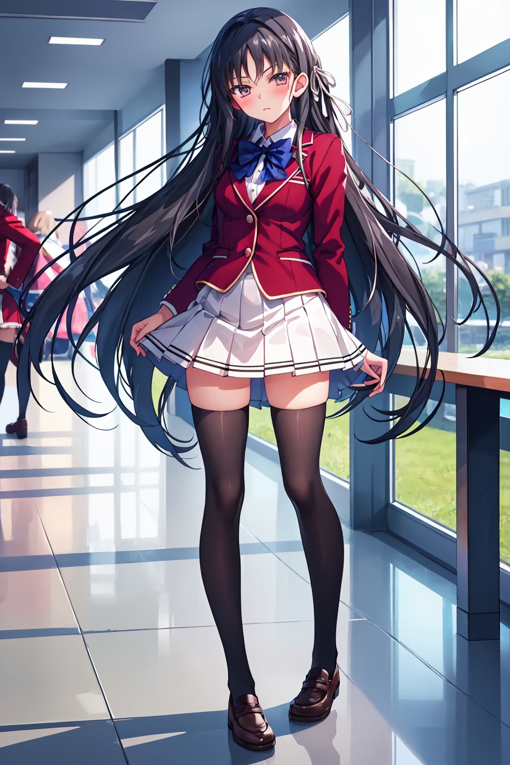 masterpiece,best quality, highly detailed, horikita suzune,school uniform,1girl,looking at viewer,solo,long sleeves,pleated skirt,red jacket,white shirt,white skirt,black thighhighs,white ribbon,collared shirt,blazer,closed mouth,shiny,blush,dress shirt,miniskirt,bowtie,zettai ryouiki,blue bowtie,full body,wing collar,<lora:horikita_suzune:1>