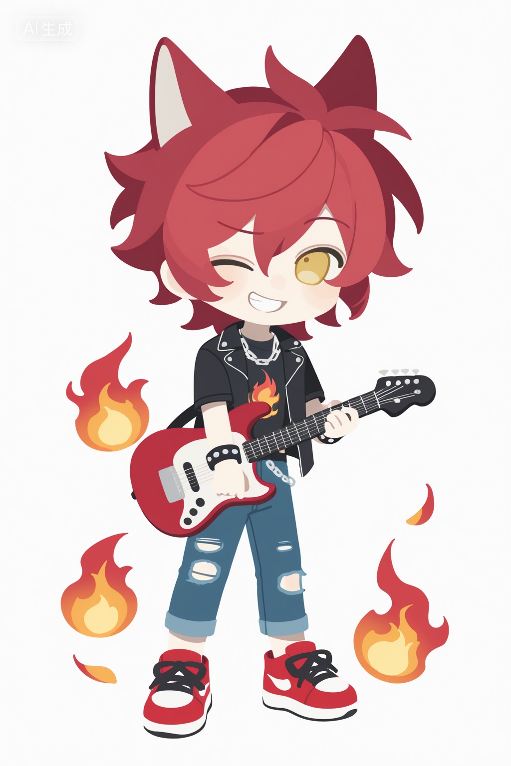 Q-version character,1boy,solo,red hair,white background,no socks,one eye closed in a playful way,high-top sneakers,spiky hair,chibi,leather jacket,wolf ears,mischievous grin,short sleeves,full body,spiky bangs,flame (symbol),chain necklace,red sneakers,ripped jeans,simple edgy look,plain white,holding a guitar,looking at viewer,studded bracelet,black t-shirt,jacket open,, Negative prompt: ng_deepnegative_v1_75t,(badhandv4:1.2),EasyNegative,(worst quality:2),serrated black border,username,out of focus,bad proportions,cropped,watermark,signature,worstquality,grayscale,logo,text,blurry,low quality,bad anatomy,sketches,lowres,normal quality,monochrome,simple.co,,nsfw, Steps: 44, Sampler: Euler a, CFG scale: 7.0, Seed: 884306922, Size: 1024x1536, Model hash: fe1361c879, Model: illustrious_v20_1.safetensors, Denoising strength: 0.0, RNG: CPU, Lora 1: Art-维C, Lora Hash 1: ffd1cb65f2, Lora Weight 1: 0.8, vae_name: automatic