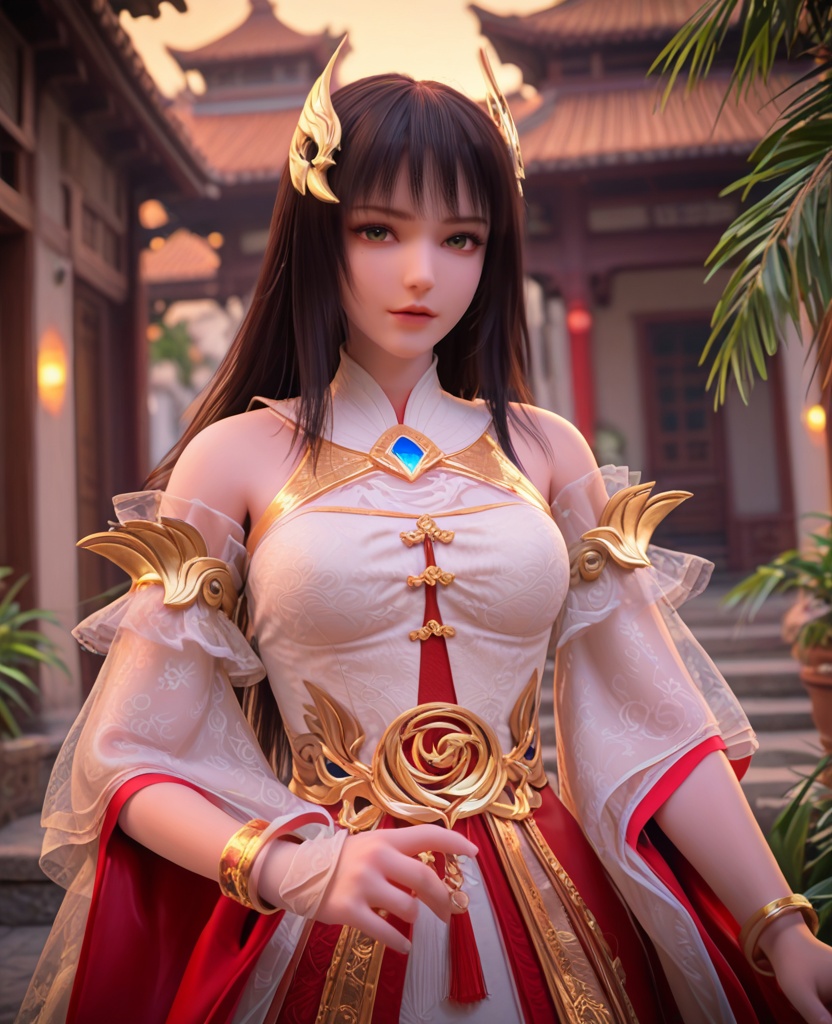 (oriental architecture, elegant decor, sophisticated style:1.1),Bending down to touch a plant or flower, showing care and connection with nature,,(breasts:1.2),<lora:XL完美世界灵凤:0.95>,miss lingfeng,solo,white dress,sash,red underskirt,detached sleeves,green eyes,mole under left eye,black hair,bangs,long hair,hair ornament,bare shoulders,wide sleeves,gem,jewelry,bracelet,, zPDXL2, score_9, score_8_up, score_7_up BREAK realistic, masterpiece,best quality, highly detailed,, zPDXL3, zPDXL2,zPDXL, zPDXLxxx, zPDXLrl,