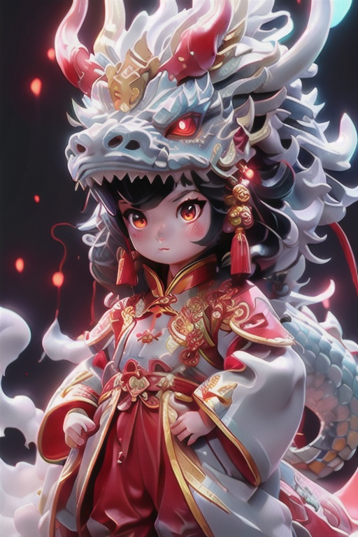 masterpiece,best quality,white crystal shining Dragon,shiny eyes,girl in (red chinese clothes:1.2),smoke,dust,