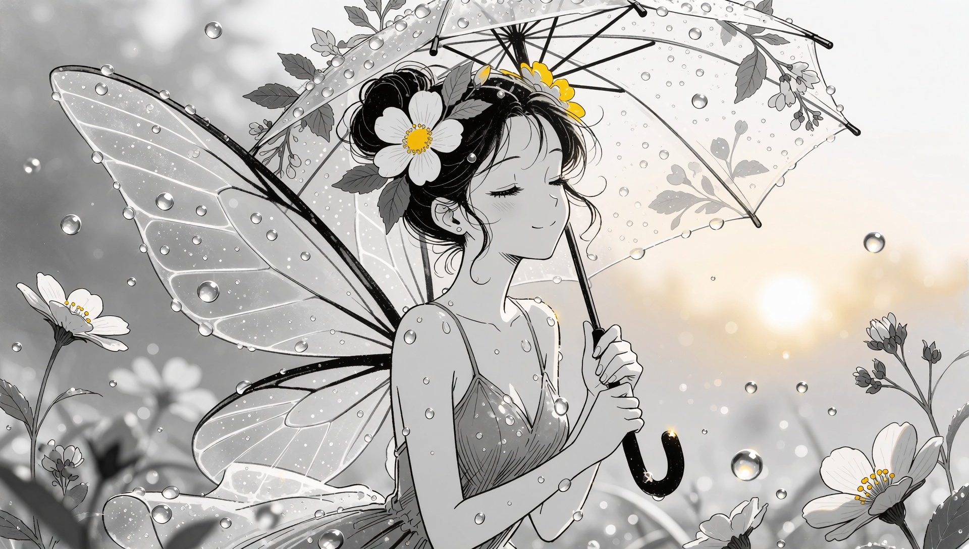 minimalist monochrome style,  black and white sketch,  Embodying a serene and playful sweetness whimsical fairy woman with...
