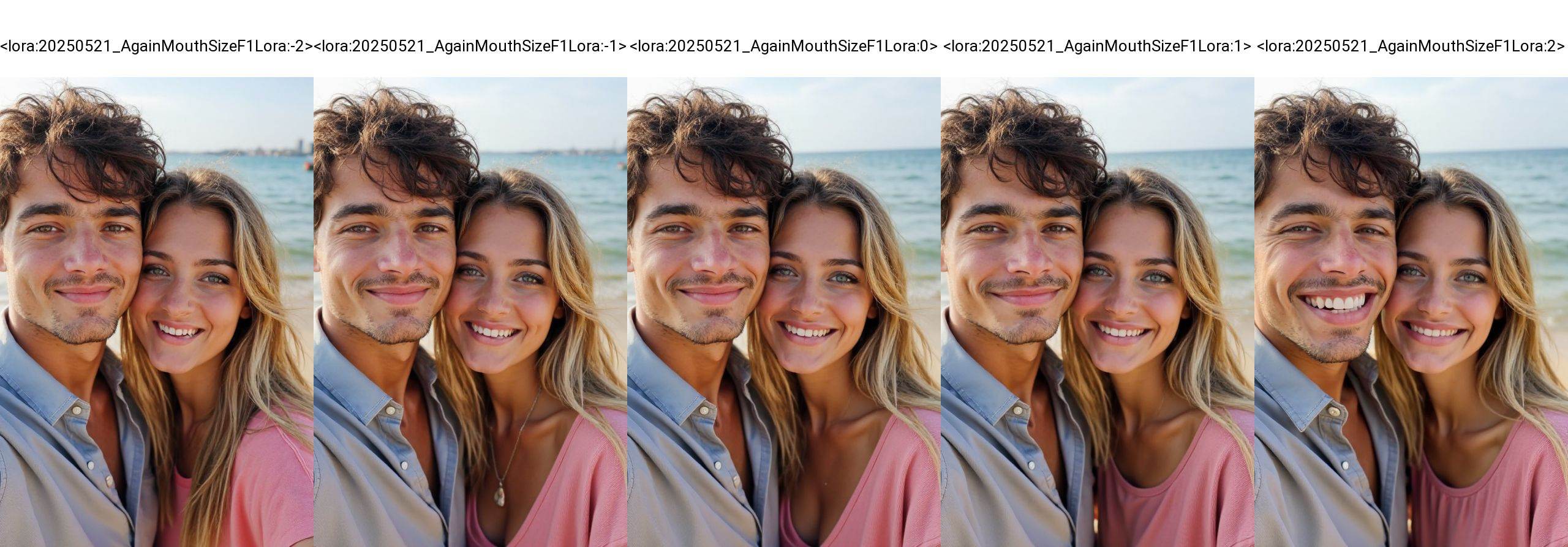 <lora:20250521_AgainMouthSizeF1Lora:-2>,This is a photograph of a young couple posing for a selfie outdoors. The woman with long blonde hair, wears a pink top. The man with short dark hair, is in a shirt.