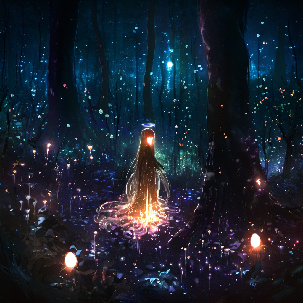 <lora:star_xl_v1:1>,The image portrays a mystical and ethereal forest scene at night. The forest floor is illuminated by a myriad of glowing orbs, some of which resemble fireflies, while others have a more luminescent quality. These orbs cast a soft, radiant light that contrasts with the darker shadows of the trees and foliage. In the center of the image, there's a tall, glowing figure with long, flowing hair, standing amidst the orbs. The figure appears to be made of a translucent material, allowing the light to pass through it. The overall ambiance of the image is serene, magical, and otherworldly., forest, nocturnal, glow, orbs, fireflies, radiant light, glowing, luminescent, figure, translucent, ambiance