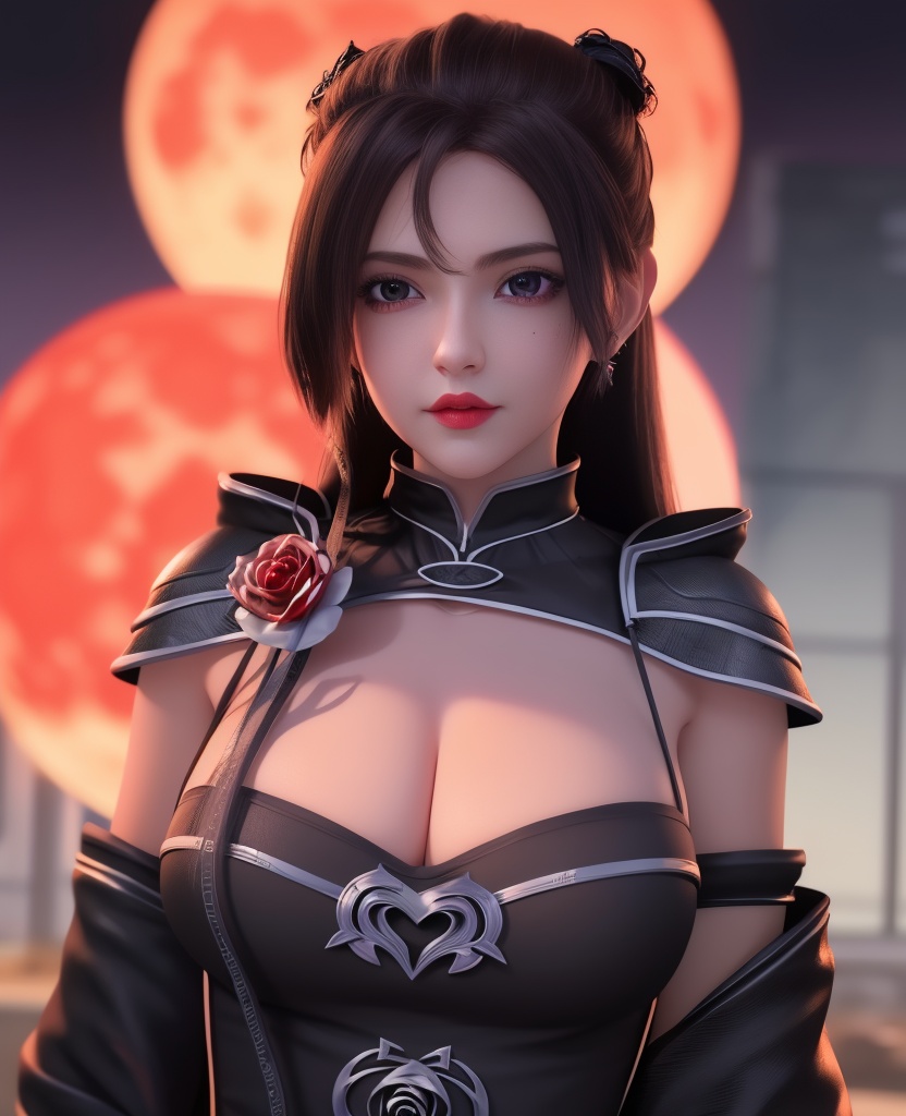 <lora:569-DA-星辰变-朔燕:0.8>(,1girl, ,best quality, ),looking at viewer,  ,,ultra detailed background,ultra detailed background,ultra realistic 8k cg,, ,masterpiece, (( , )),, ,science fiction,mole, ,    ,red moon, black rose,     (cleavage), (),