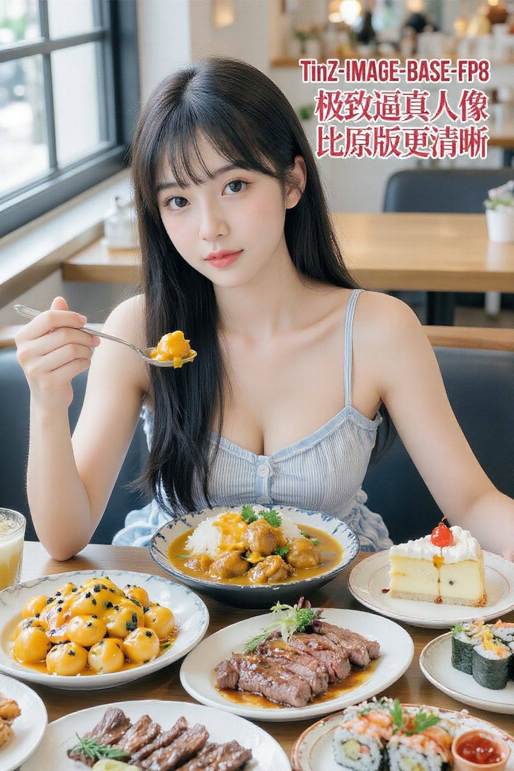 一位大约18岁的年轻亚裔女性坐在桌旁，面向观众。她留着齐刘海的黑色长发，皮肤白皙，眼神温柔，一双明亮的大眼睛格外引人注目。她穿着一件浅蓝色和白色条纹的无袖上衣，里面是一件细肩带背心。她容貌姣好，皮肤白皙，手上拿着一把盛满食物的勺子。桌上摆满了各种美味佳肴，包括咖喱鸡饭、芝士球、芝士排骨、芝士蛋糕、牛排、寿司等等。背景是一家餐厅，这是一张人像照片。图片右上角标注，第一行“TinZ-IMAGE-BASE-FP8”；第二行“极致逼真人像”；第三行“比原版更清晰”；红色文字带白色边框，文字右边对齐。