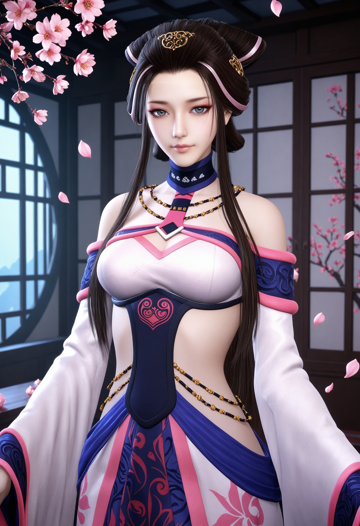 (cowboy shot:1.1),(looking at viewer:1.1),masterpiece,(best quality),smog,Dark room,dim lighting,peach blossom,falling petals,<lora:YQ_Illustrious光辉v5_湘夫人_V1:0.8>,q1528437228,1girl,solo,long hair,black hair,jewelry,bare shoulders,necklace,hair ornament,brown hair,dress,sidelocks,wide sleeves,long sleeves,choker,hair bun,brown eyes,detached sleeves,grey eyes,blue eyes,